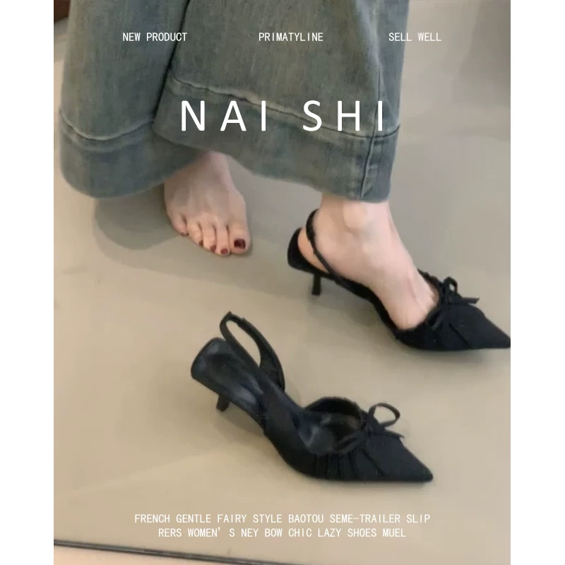 Phiên bản da cừu! Giày mules mũi nhọn kiểu Pháp dành cho nữ, giày cao gót satin thắt nơ thanh lịch dành cho quý cô, phối cùng váy, lưng hở.
