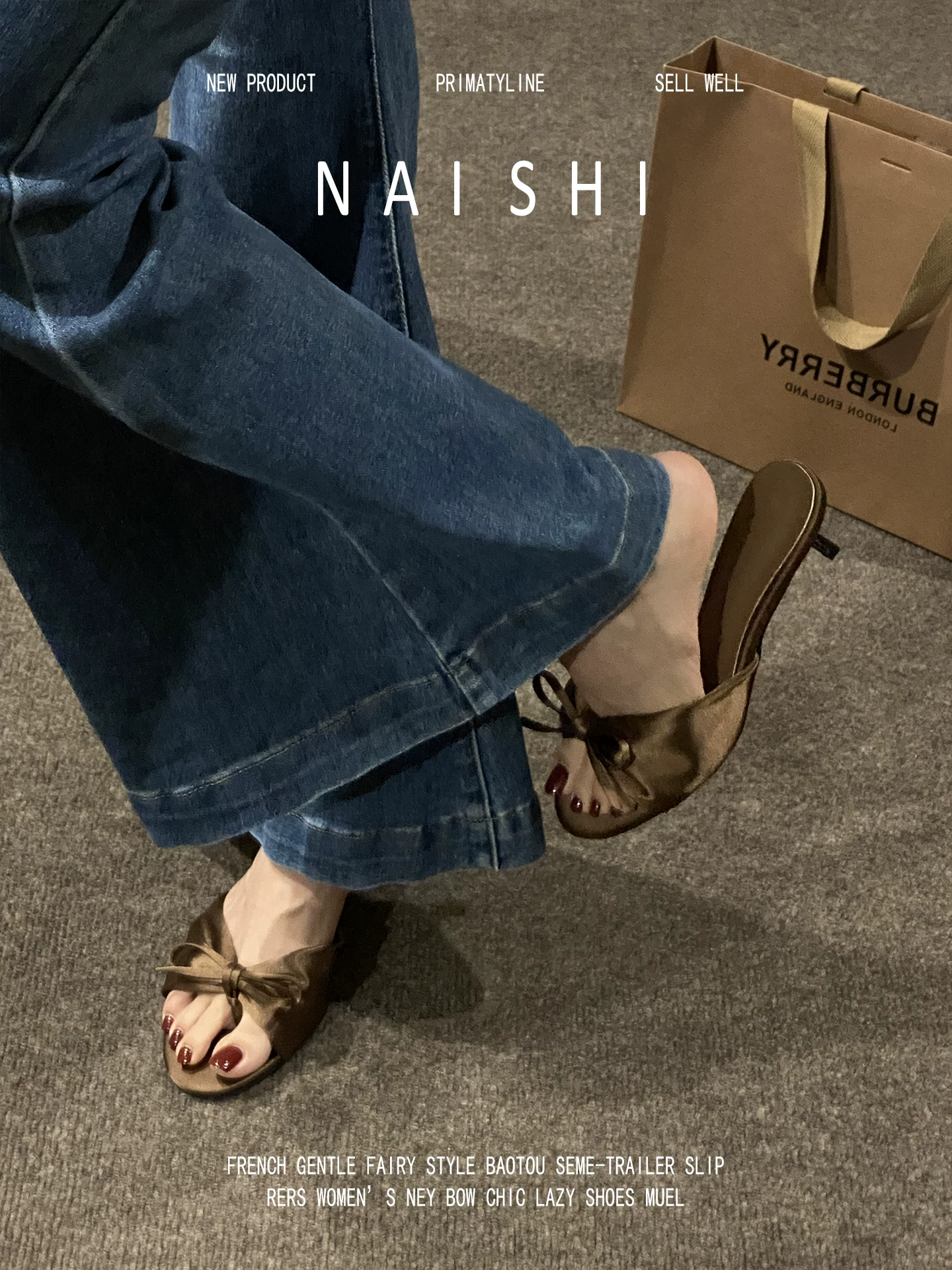 Phiên bản da cừu! Dép sandal satin Pháp dành cho nữ, kiểu buộc nơ, mũi hở, gót cao, kiểu xỏ ngón.