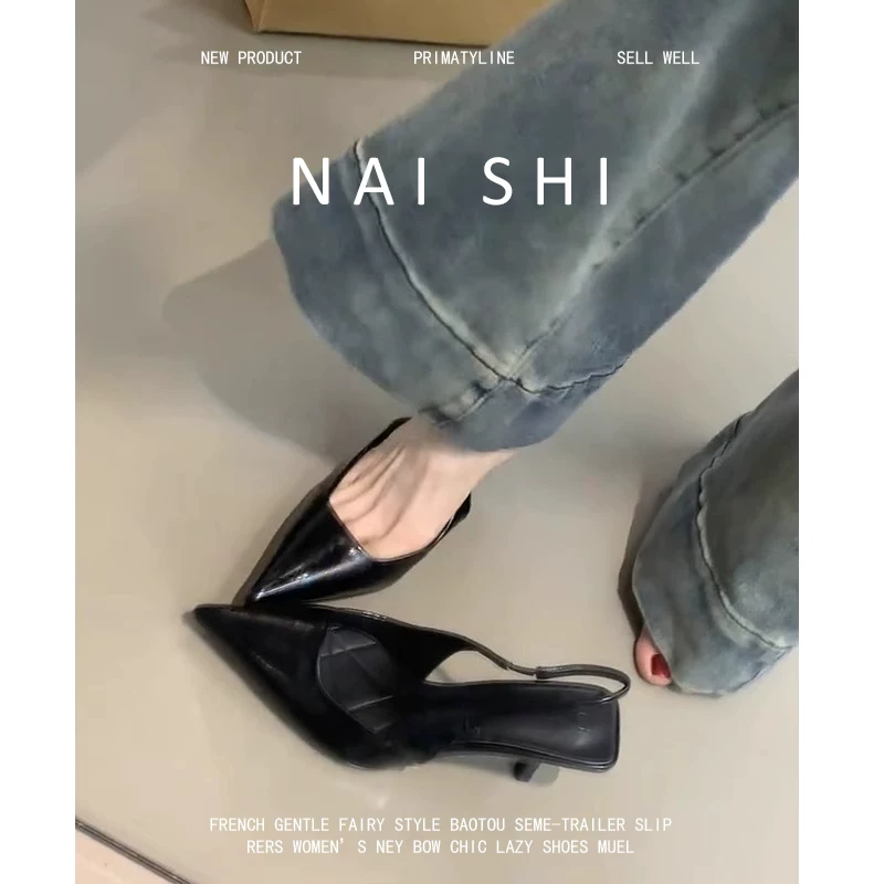 Phiên bản da cừu! Dép sandal nữ màu đen, mũi kín, gót kitten, kiểu Pháp, mũi nhọn, gót thấp, không gót sau, gót cao, gót nhọn.