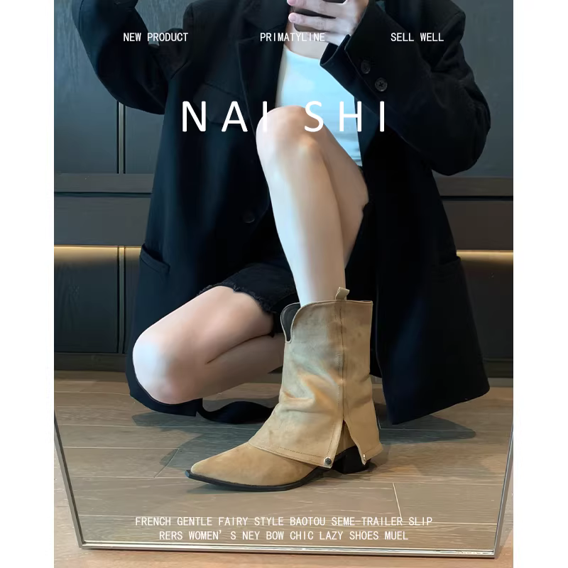 Phiên bản da cừu! Giày cao bồi kiểu miền Tây cổ điển dành cho nữ với mũi nhọn thời trang, thiết kế kiểu bootcut, gót dày, kiểu chữ V, tôn dáng, giày bốt ngắn xếp tầng.