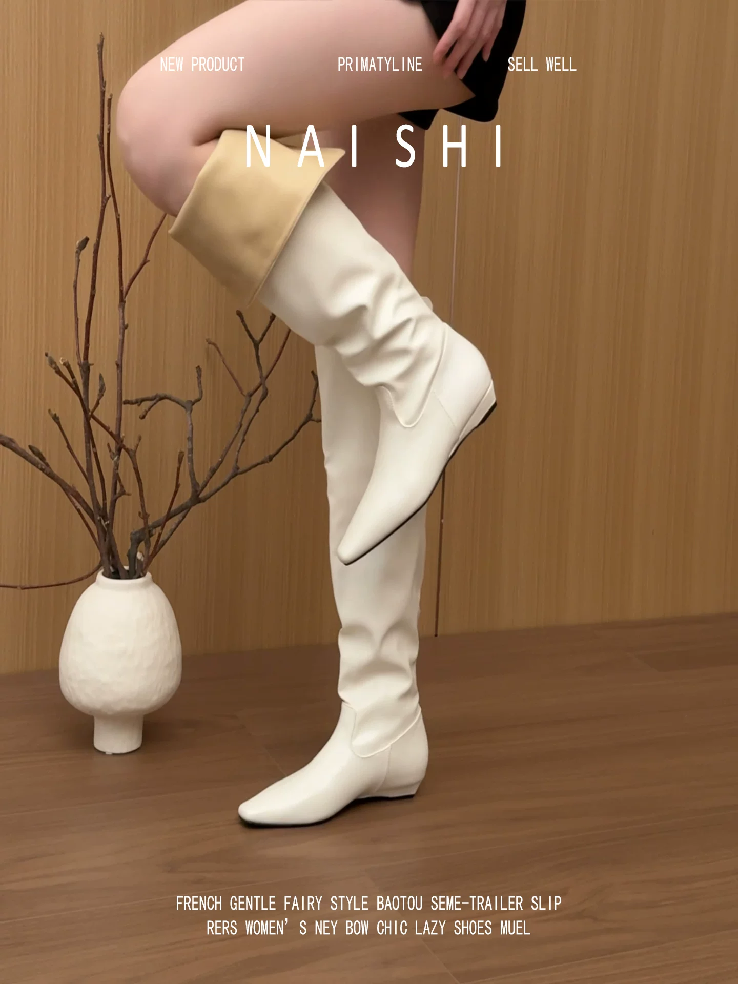 Phiên bản da cừu! Giày bốt cao quá đầu gối màu trắng, kiểu nữ tính, gót wedge, mũi nhọn, phong cách Anh, kiểu cao bồi miền Tây.