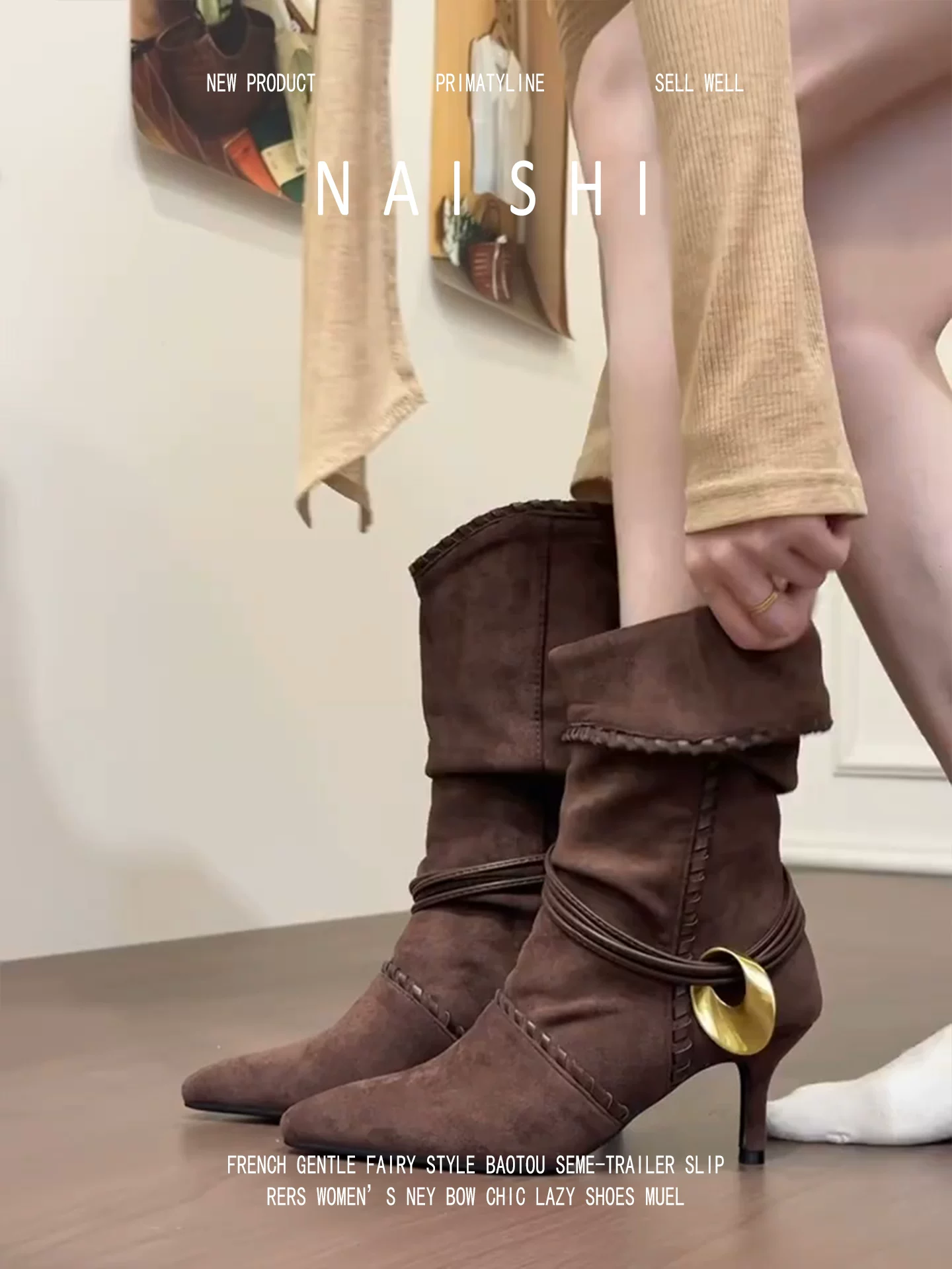 Phiên bản da cừu! Giày cao bồi cổ điển có dây khóa kim loại, giày cao đến giữa bắp chân, giày cao gót xếp tầng dành cho nữ.