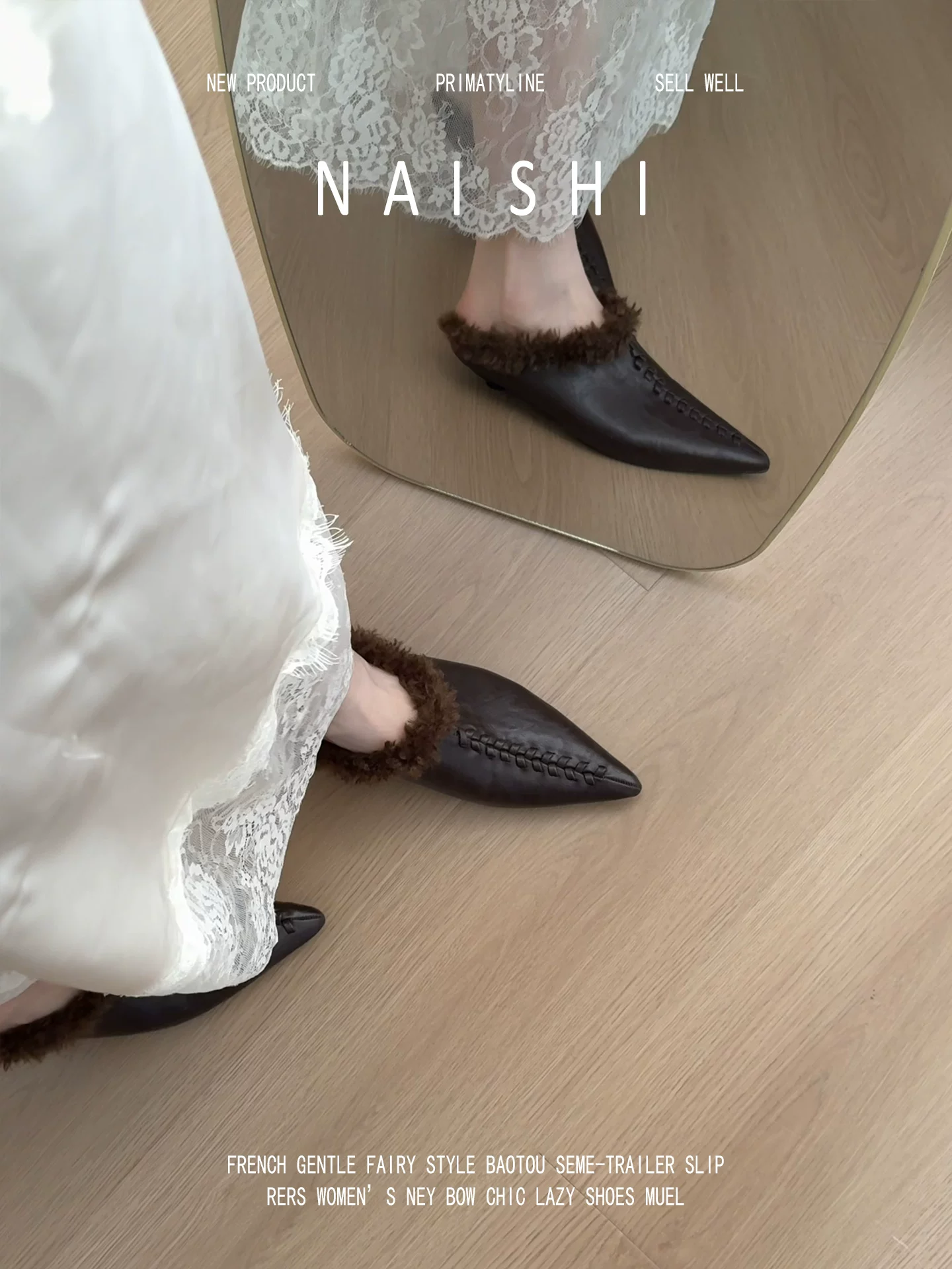 Phiên bản da cừu! Giày lông mũi nhọn, gót đế xuồng, giày mules mũi kín, giày lười da thật cổ điển, giày lông dùng cho ngoài trời.