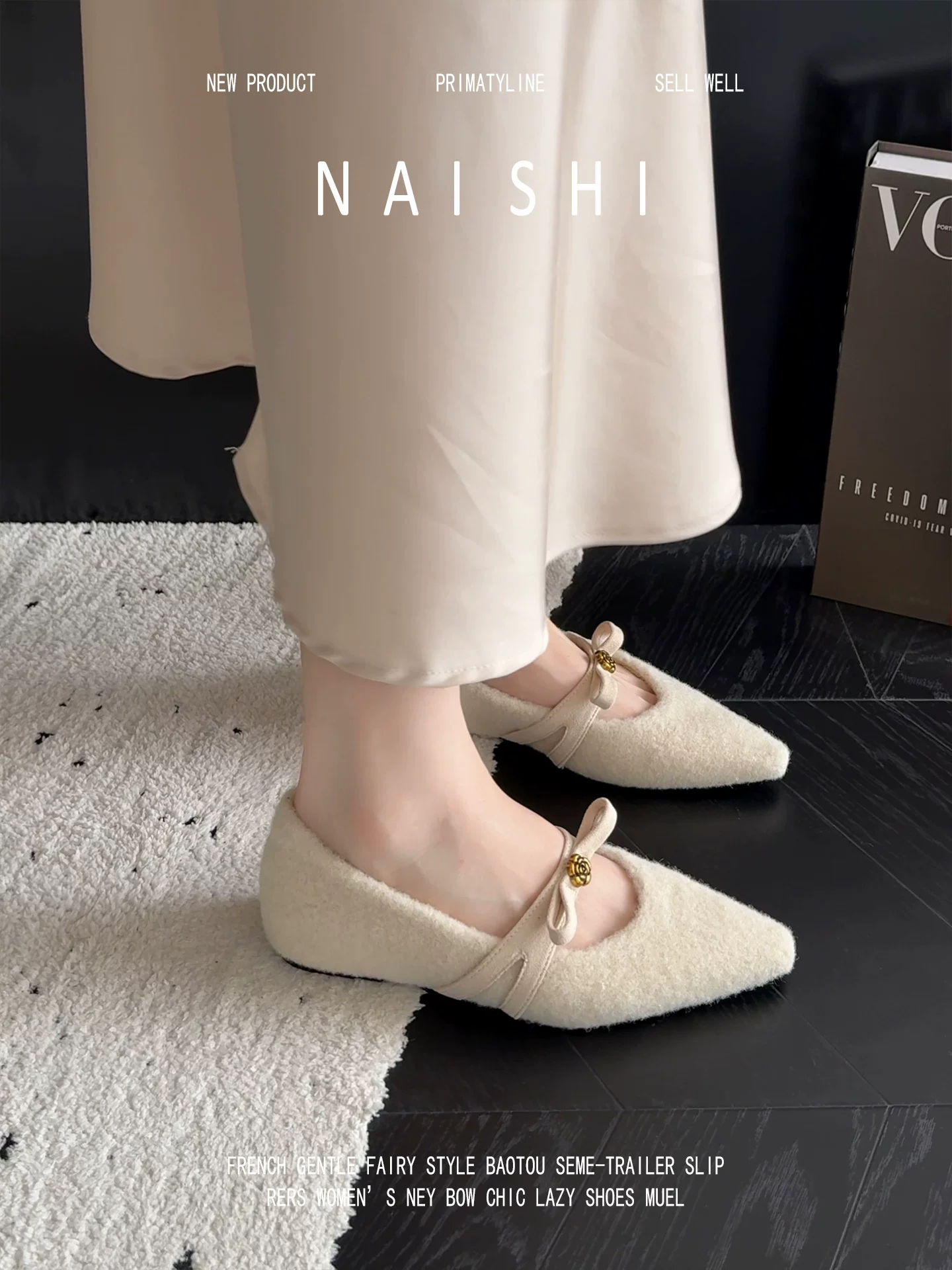 Phiên bản da cừu! Giày Mary Jane đế xuồng mũi vuông dành cho nữ với nơ hoa trà, giày bệt quai đơn, giày lười lót lông cừu.