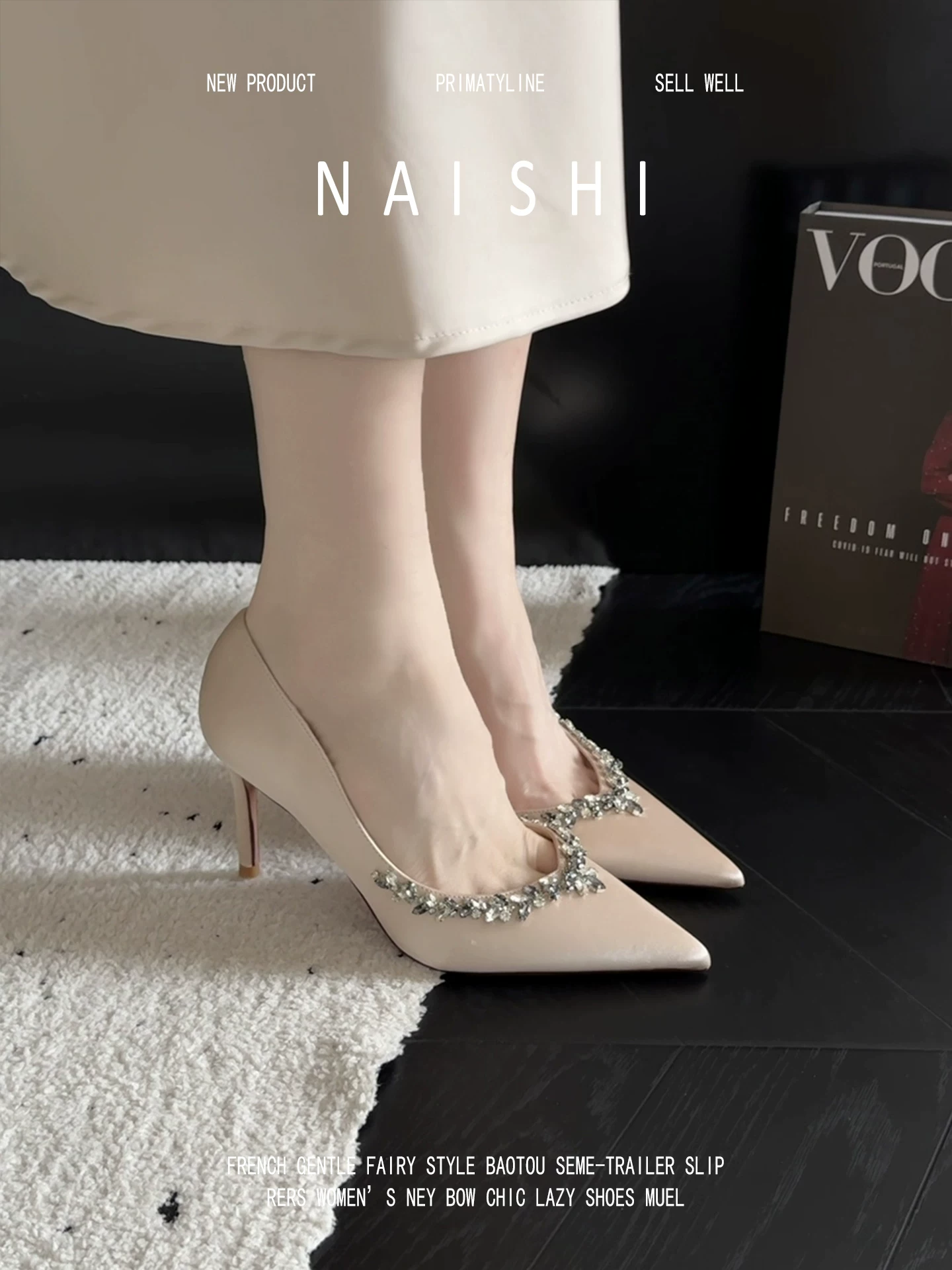 Phiên bản da cừu! Giày cao gót kiểu Pháp bằng satin dành cho nữ, kiểu xỏ ngón, phối chân váy, mũi nhọn đính đá, kiểu cắt bên.