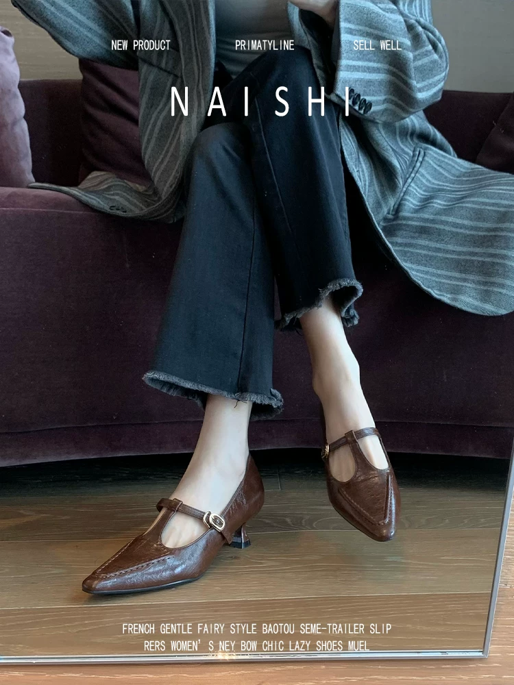 Phiên bản da cừu! Giày cao gót mũi nhọn phong cách Âu Mỹ dành cho nữ, giày cao gót kiểu retro cao cấp quai chữ T, giày cao gót thấp đi làm.