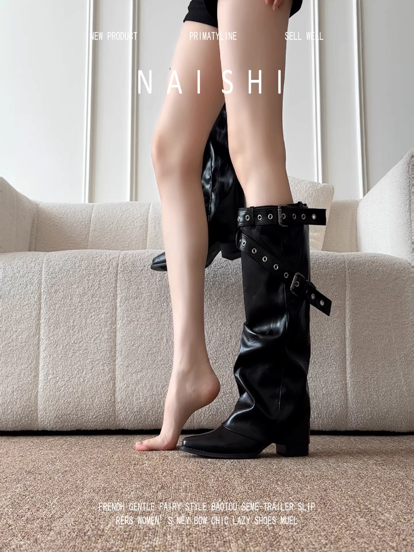 Phiên bản da cừu! Giày bốt cao cổ mũi nhọn có khóa thắt lưng dành cho nữ, phong cách punk, gót dày, kiểu dáng lười, đa năng, kiểu bốt cưỡi ngựa miền Tây.