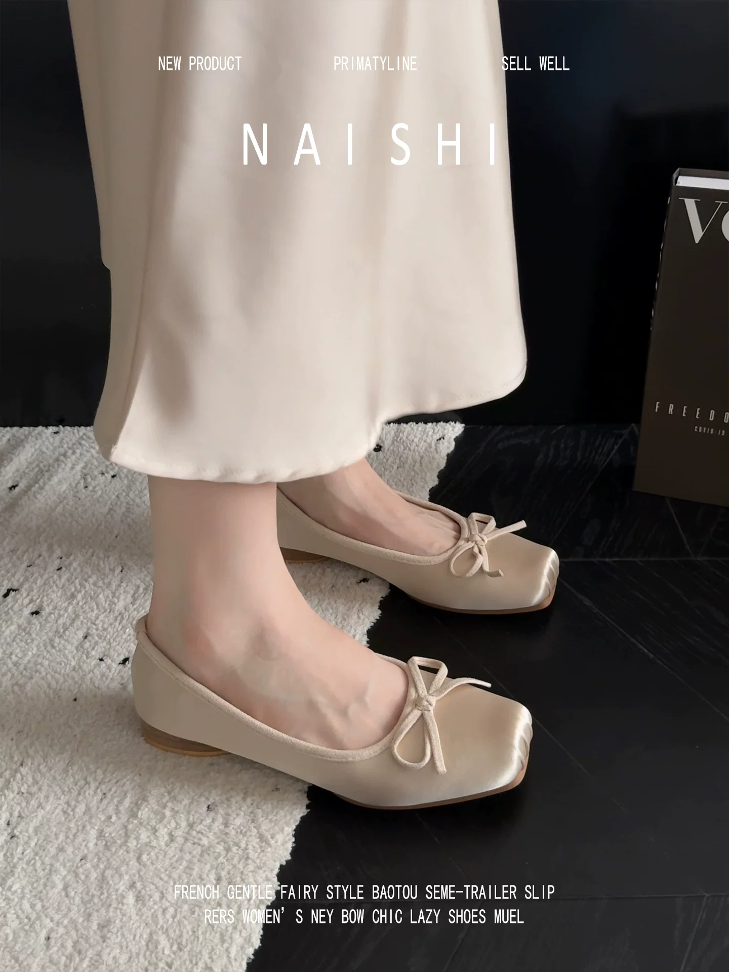 Phiên bản da cừu! Giày Mary Jane mũi vuông kiểu Pháp, đế thấp, có nơ kiểu tiên nữ, phối cùng chân váy, giày bệt satin dành cho nữ.