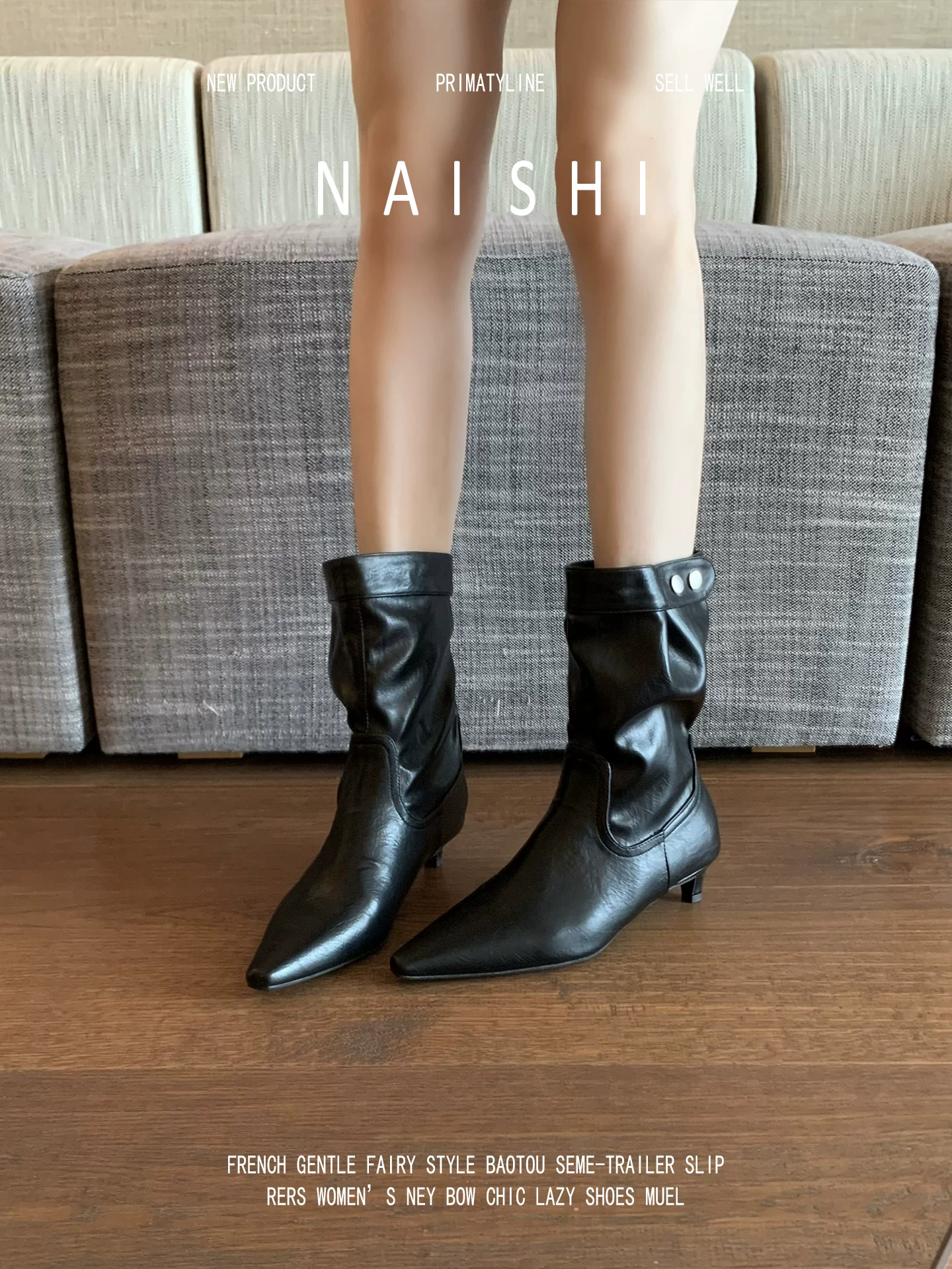 Phiên bản da cừu! Giày bốt cổ thấp mũi nhọn kiểu retro dành cho nữ, giày bốt cổ ngắn màu đen gót thấp, đa năng và sành điệu, kiểu bốt cao bồi xếp ly.
