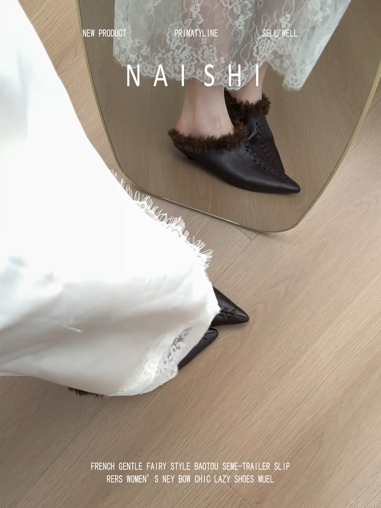 Phiên bản da cừu! Giày lông mũi nhọn, gót đế xuồng, giày mules mũi kín, giày lười da thật cổ điển, giày lông dùng cho ngoài trời.