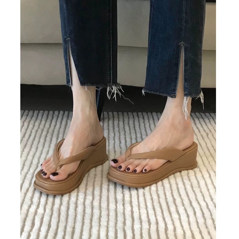 Phiên bản da cừu! Dép xỏ ngón đế dày kiểu Pháp dành cho nữ, dép đế xuồng đi nghỉ mát, dép La Mã đi biển.