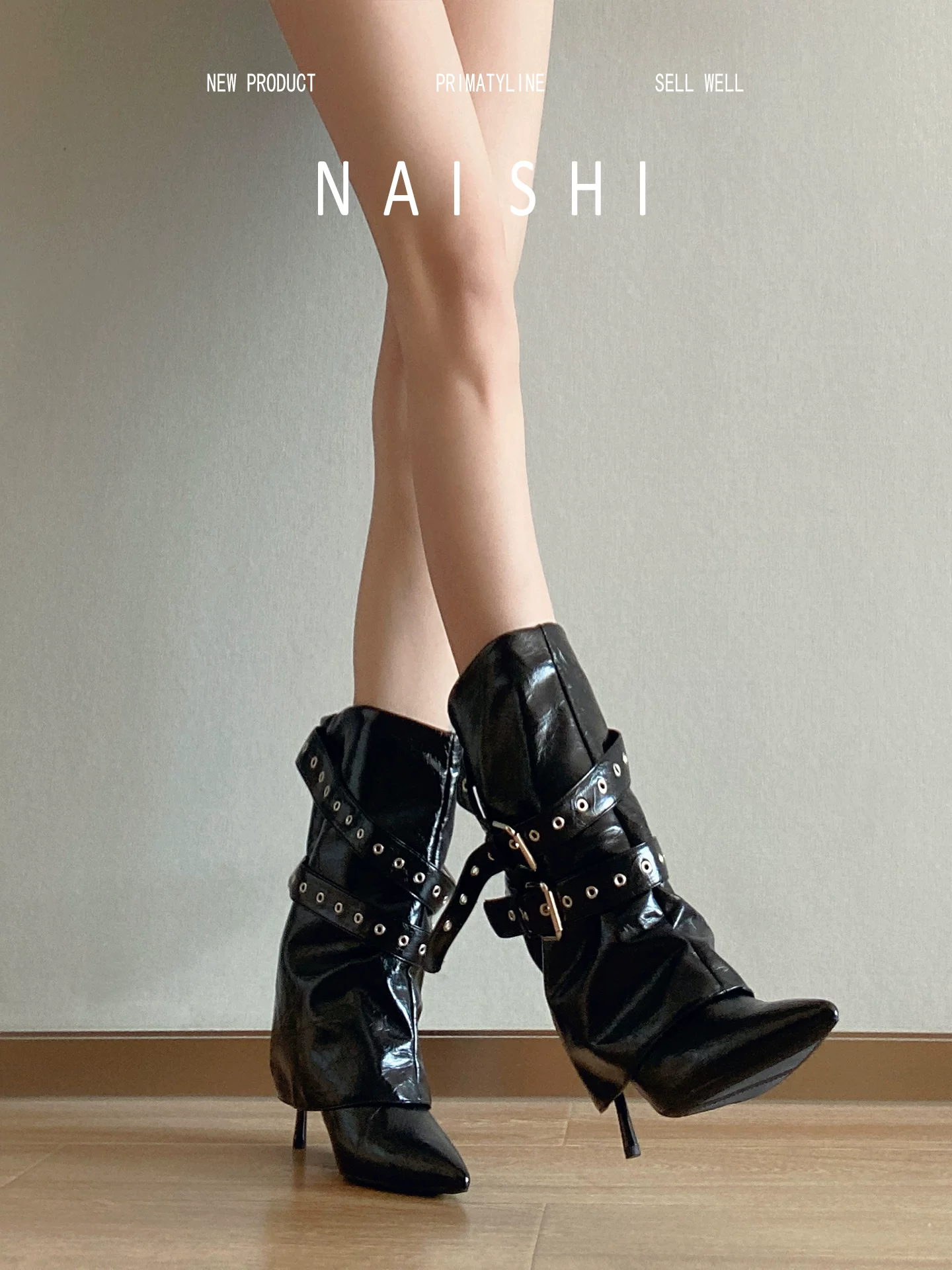 Phiên bản da cừu! Giày bốt cao đến giữa bắp chân đính đinh tán kiểu hot girl, có khóa thắt lưng, gót nhọn, kiểu punk, phong cách wasteland, mũi nhọn, gót cao.