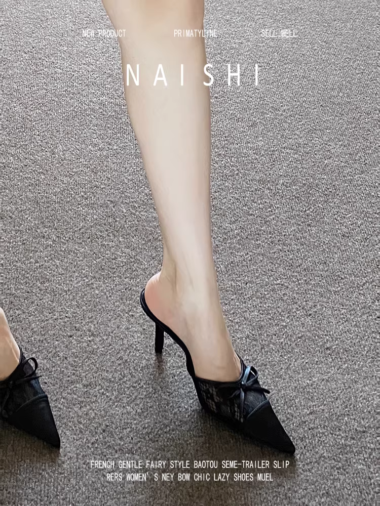 Phiên bản da cừu! Dép quai hậu mũi nhọn có nơ dành cho nữ, gót nhọn, dép cao gót kín mũi khoét lỗ gợi cảm.