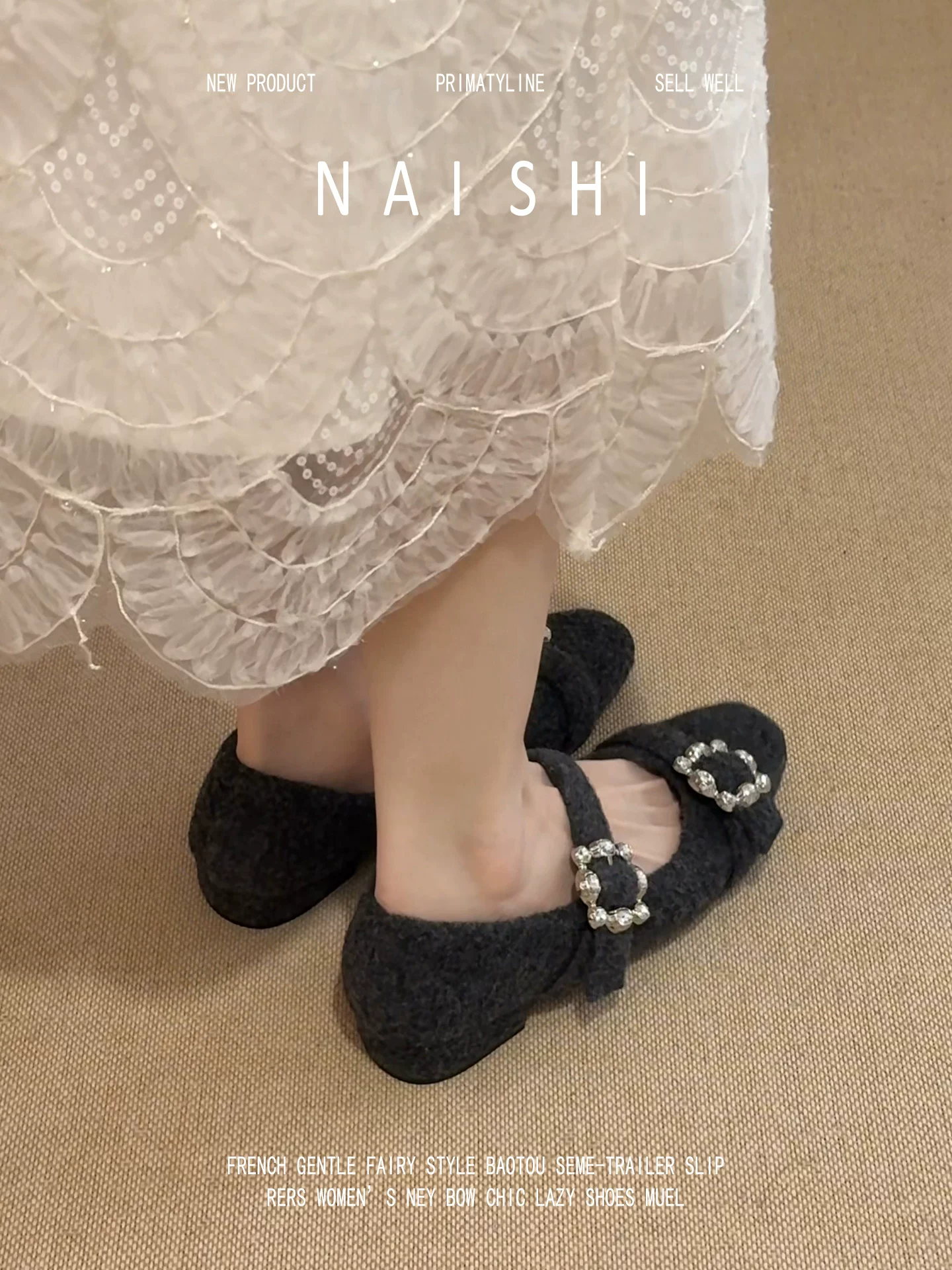 Phiên bản da cừu! Giày Mary Jane nữ có khóa vuông đính đá giả cổ điển, kiểu dáng dạ hội, miệng giày nông, gót dày bằng len.