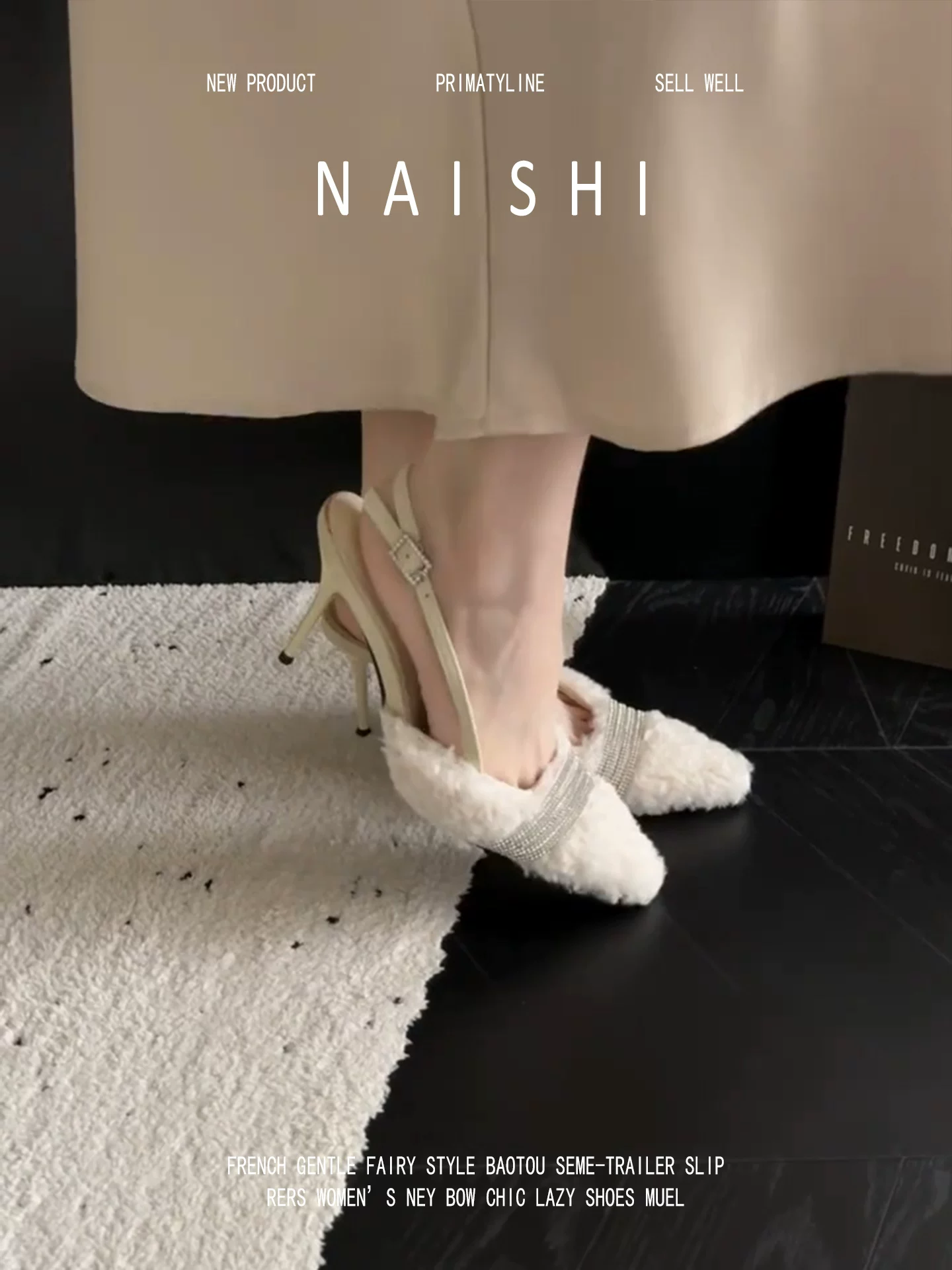 Phiên bản da cừu! Giày cao gót mũi nhọn đính đá phong cách Pháp dành cho nữ, có quai đơn và lưng hở, gót nhọn dành cho các bữa tiệc.