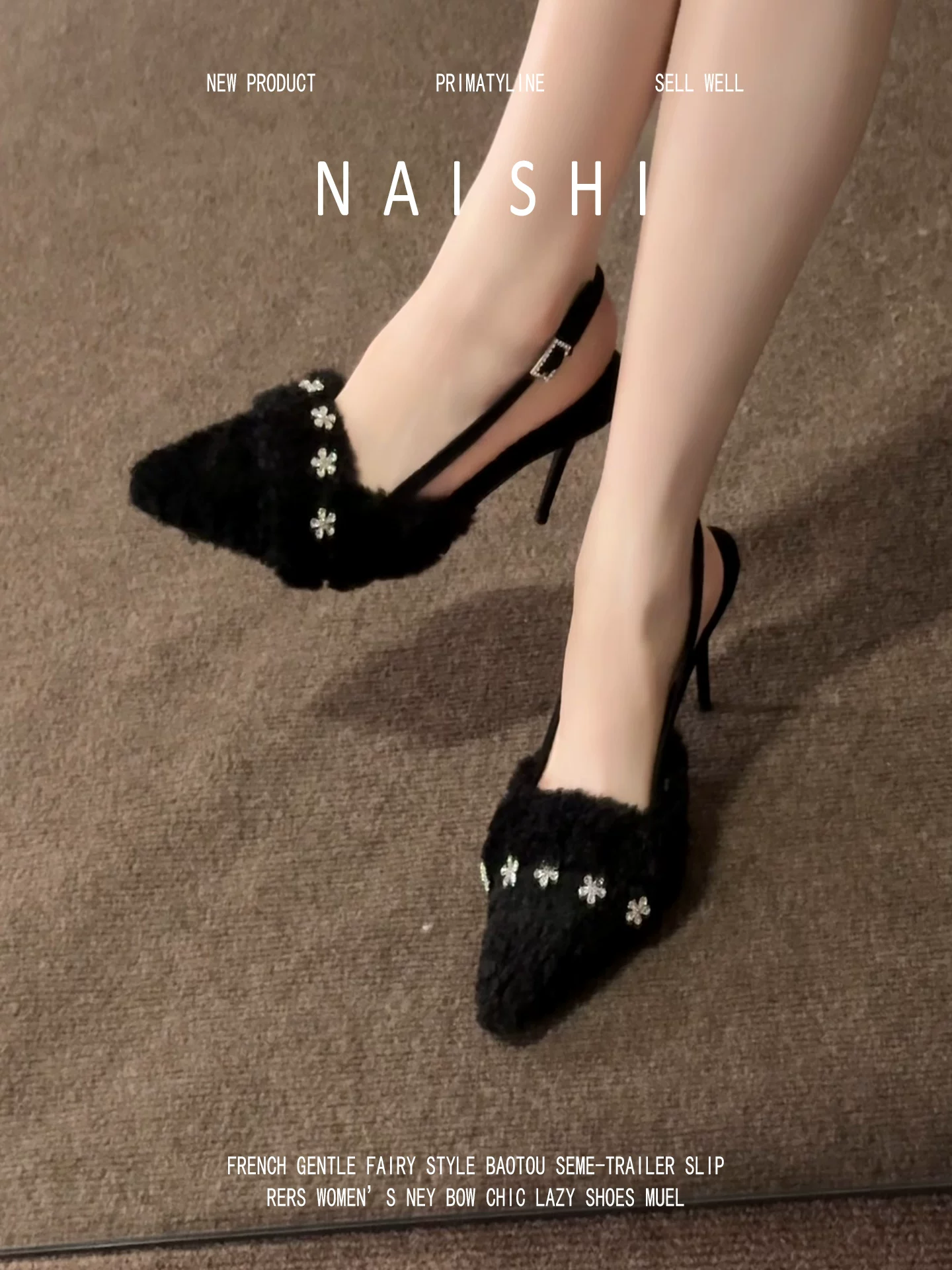 Phiên bản da cừu! Dép sandal nữ kiểu Pháp đính đá lông thú, mũi kín, thanh lịch và sang trọng, có quai mảnh, mũi nhọn và gót cao.