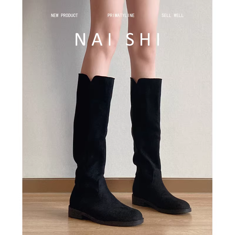 Phiên bản da cừu! Giày bốt da lộn màu đen kiểu dáng ôm sát dành cho nữ, bốt cao cổ kiểu retro tôn dáng, bốt cưỡi ngựa thấp gót trên đầu gối.