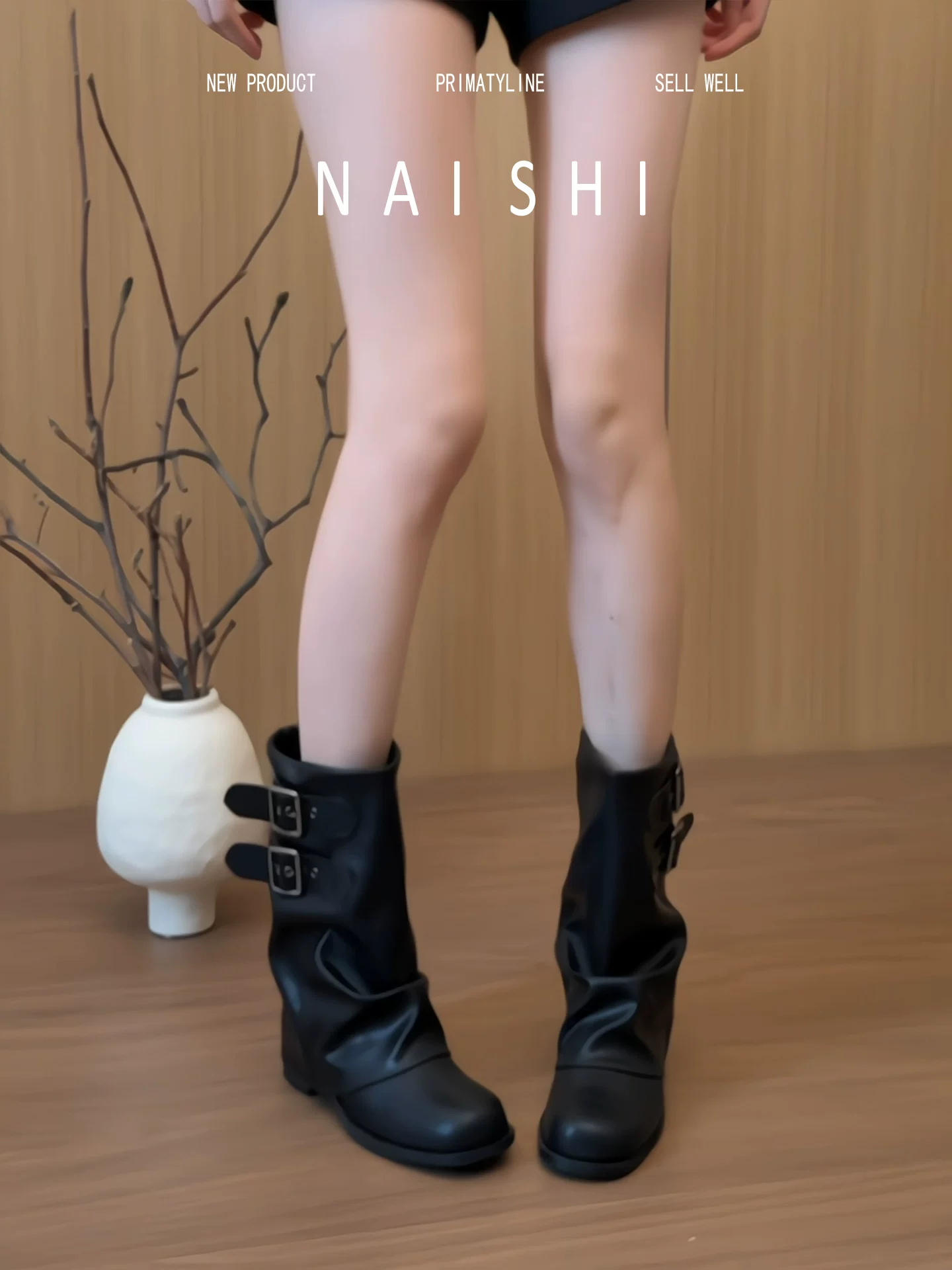 Phiên bản da cừu! Giày bốt kiểu bootcut cổ điển phương Tây dành cho nữ, giày bốt Martin gót thô có khóa thắt lưng, giày bốt ngắn xếp lớp, giày bốt kiểu biker mũi tròn.