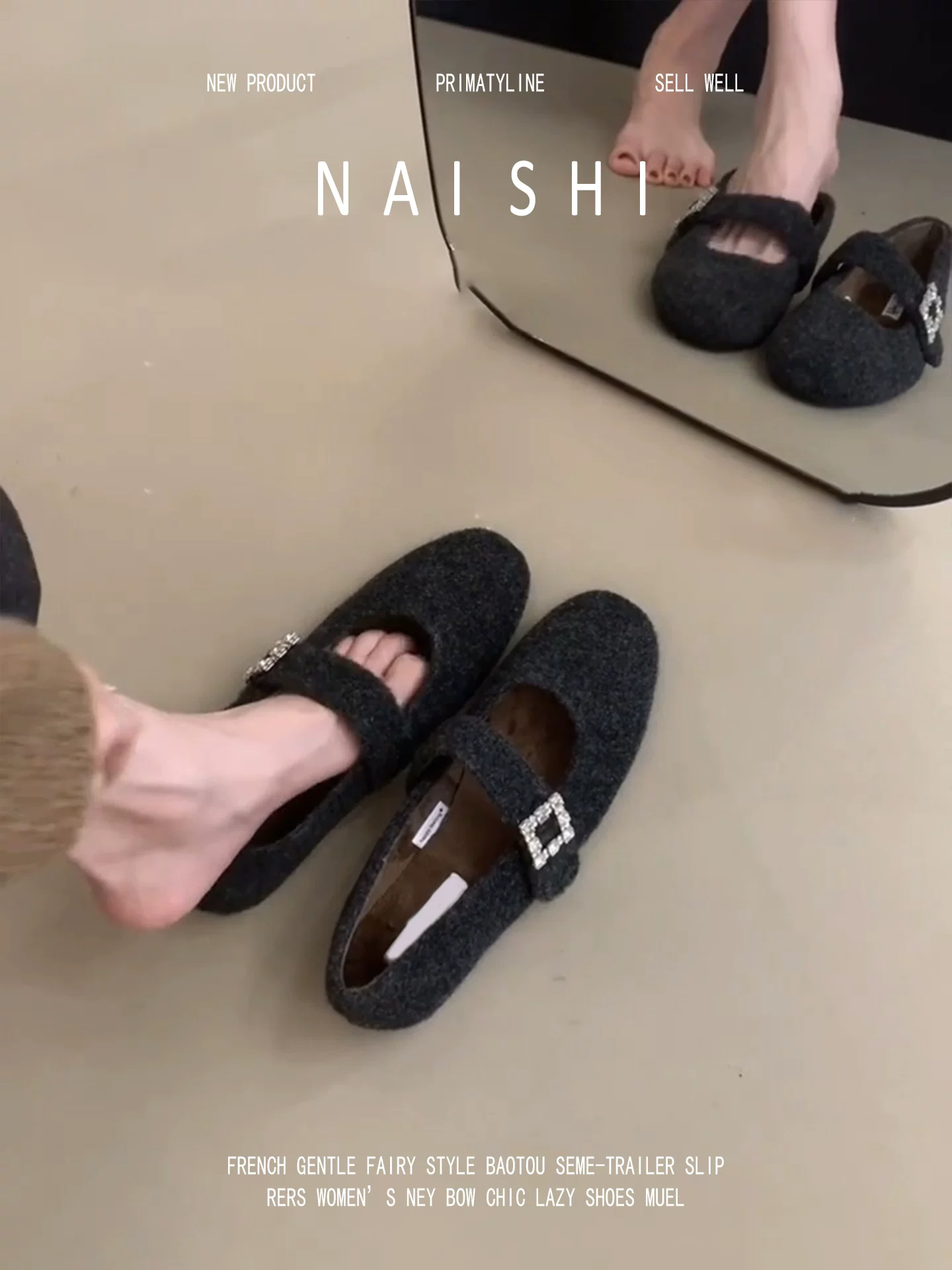 Phiên bản da cừu! Giày đơn bằng len màu xám phong cách Hàn Quốc dành cho nữ có quai đính đá, giày Mary Jane lông mềm phối cùng váy, giày lông thú.