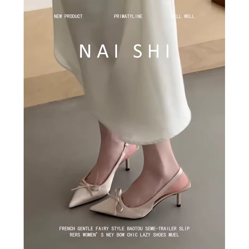 Phiên bản da cừu! Giày mules cao gót mũi nhọn dành cho nữ có nơ, giày cao gót không gót bằng satin, giày cao gót phối chân váy, giày đơn.