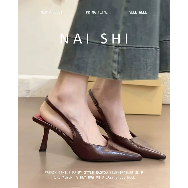 Phiên bản da cừu! Dép sandal nữ kiểu cổ điển, quai đơn, mũi nhọn nông, gót cao, kiểu Pháp.