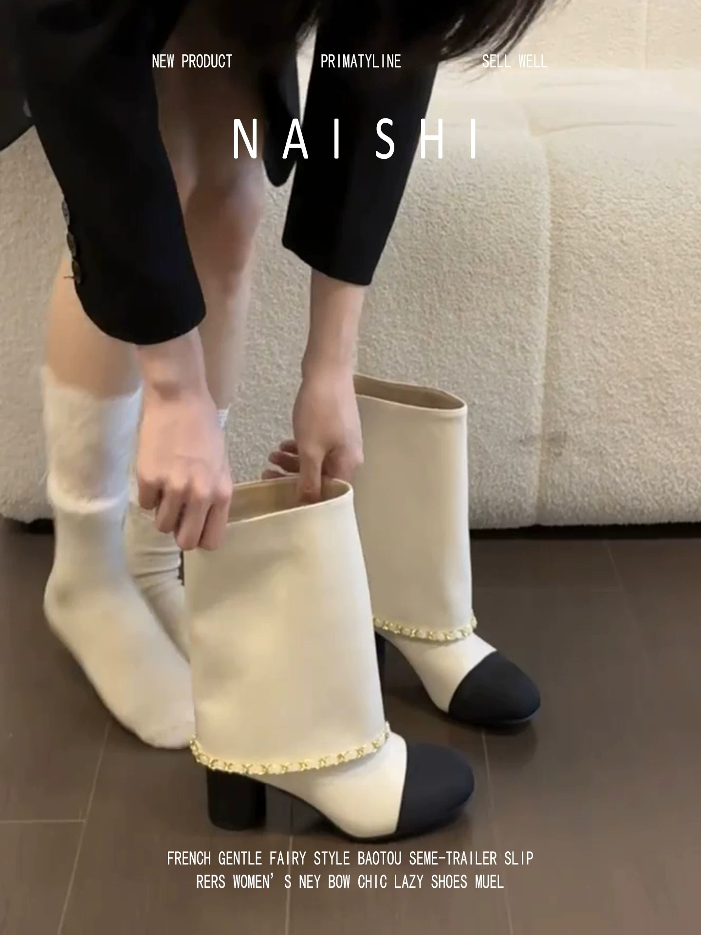 Phiên bản da cừu! Giày bốt kiểu Chanel phối màu dây xích dành cho nữ, gót dày, mũi tròn, kiểu bốt cưỡi ngựa, bốt cao gót thanh lịch đến giữa bắp chân.