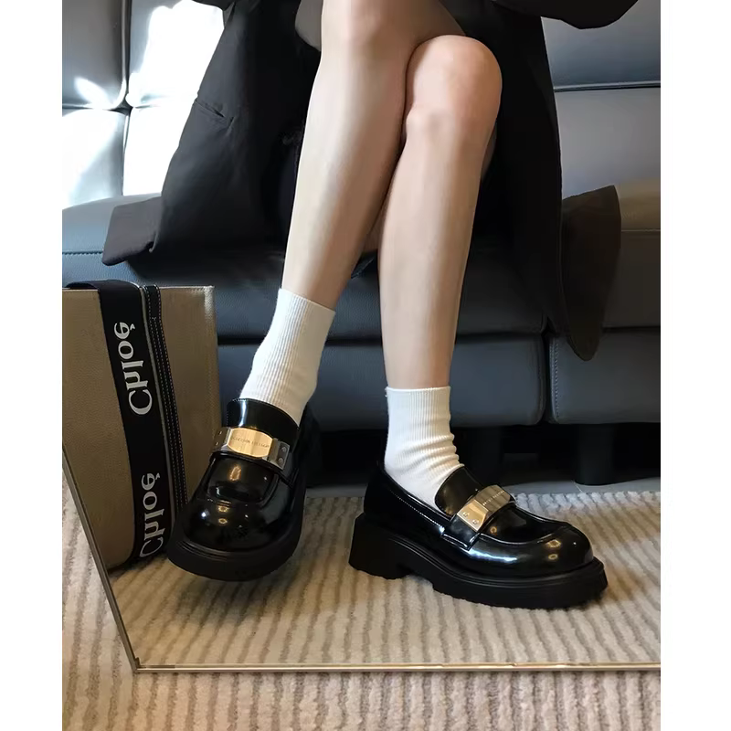 Phiên bản da bò! Giày da đế dày kiểu Anh dành cho nữ, giày đơn kiểu đồng phục JK có khóa kim loại, giày lười da thật đế platform.