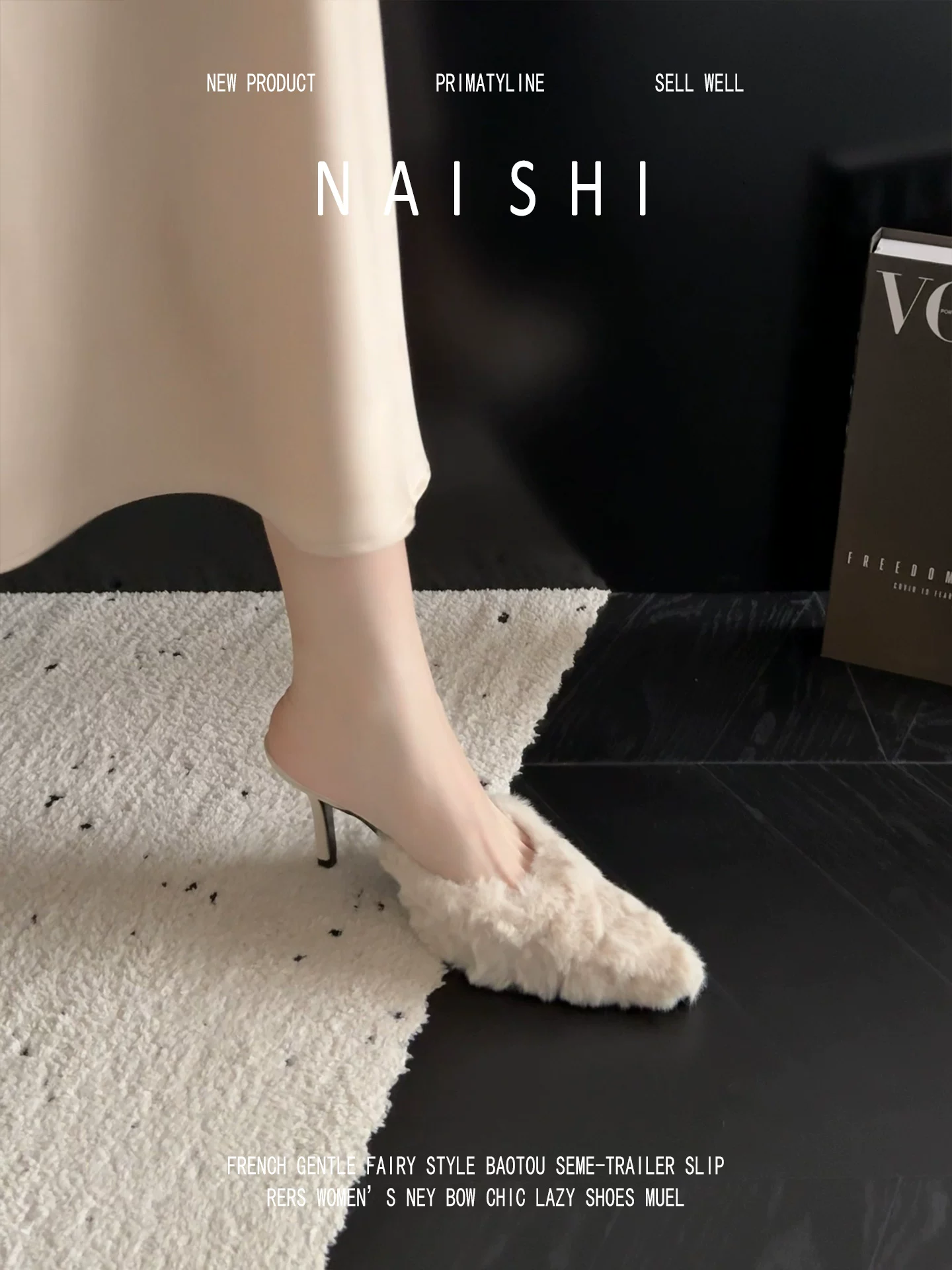 Phiên bản da cừu! Dép lông mũi nhọn kiểu Pháp dành cho nữ, dép nửa kín mũi cao cấp, kiểu xỏ ngón, giày cao gót dự tiệc.