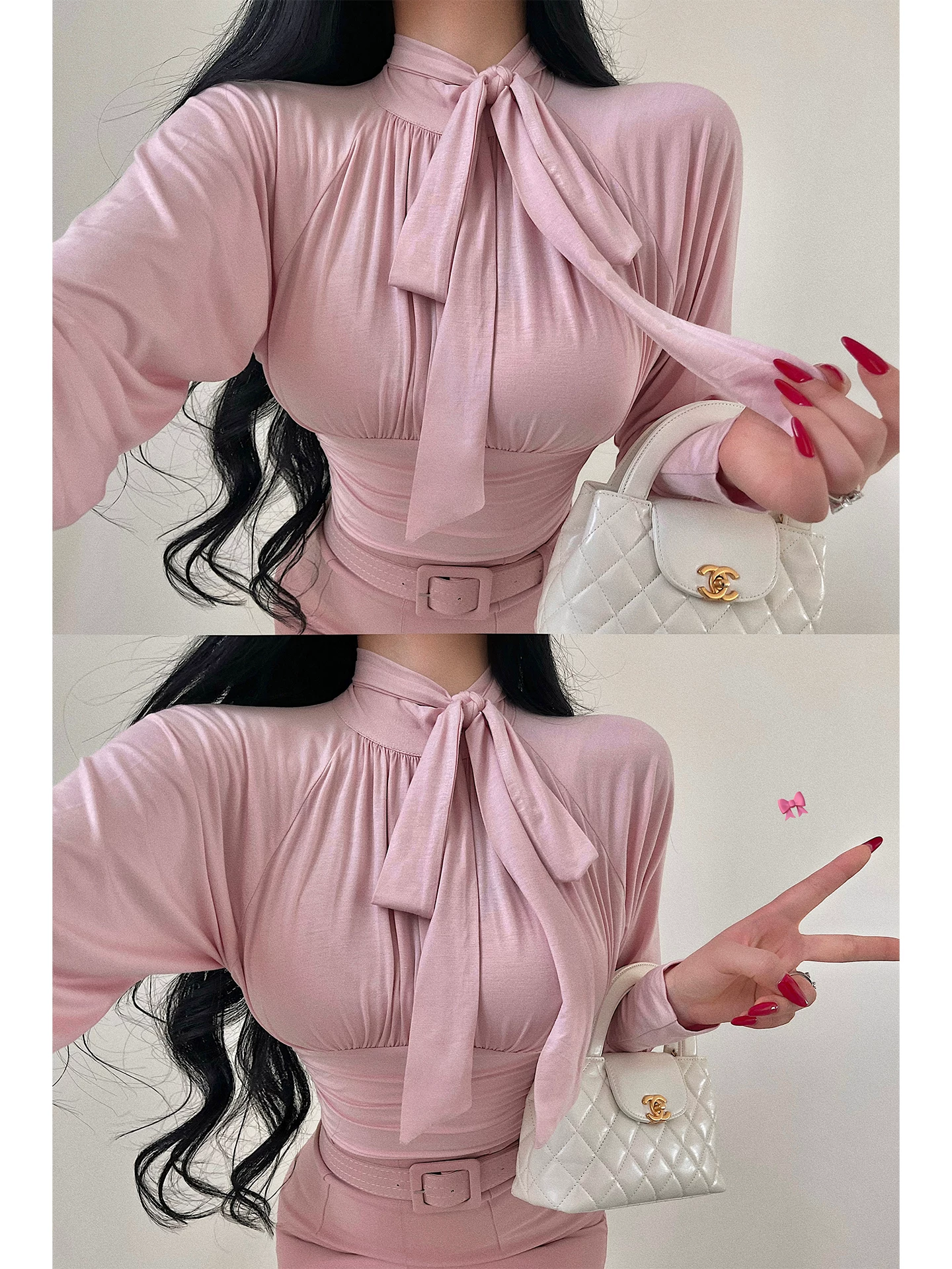 YoungGirlDay Áo thun dài tay kiểu Hàn Quốc nhẹ nhàng trưởng thành, phong cách thuần khiết, cổ cao, thắt nơ, nhún bèo, thắt eo, tay áo dài