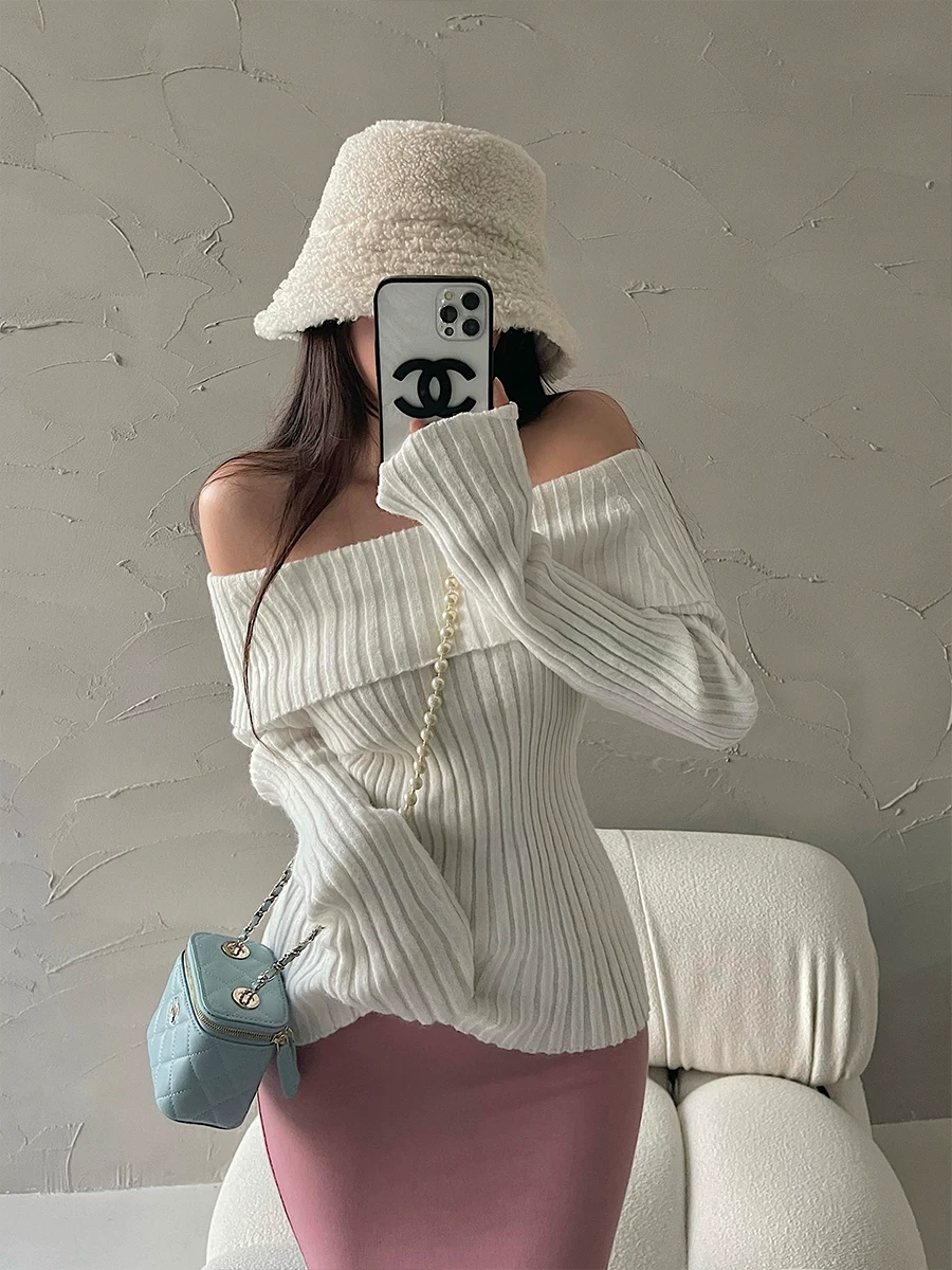 YoungGirlDay thuần khiết gợi cảm áo len dệt kim dài tay ôm sát vai gợi cảm áo len dệt kim dài tay