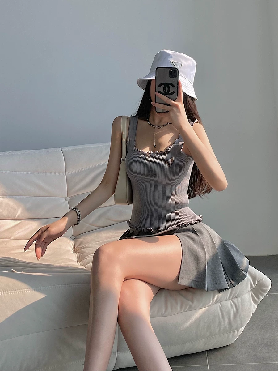 YoungGirlDay khao khát thuần khiết gợi cảm ôm sát màu trơn dây đeo vai rộng co giãn dệt kim viền ren áo yếm