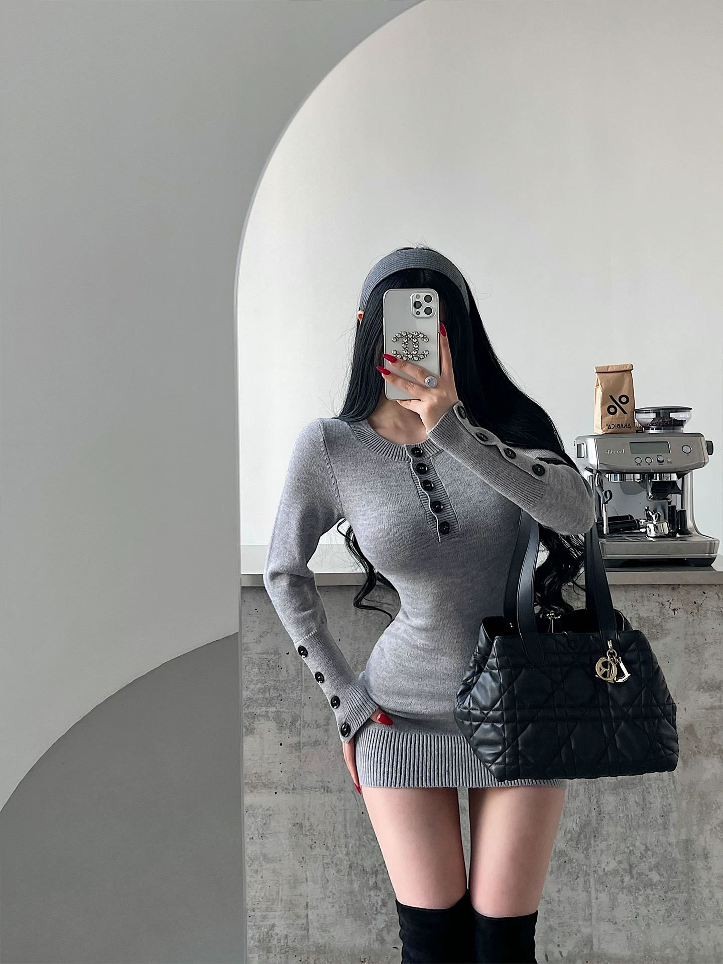 YoungGirlDay khao khát thuần khiết gợi cảm cổ tròn một hàng khuy ôm sát tay dài váy dệt kim bodycon váy ngắn