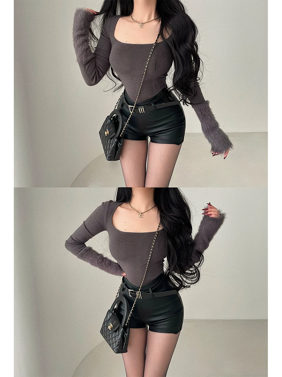 YoungGirlDay Quần short da PU ôm sát hông, cạp cao, co giãn, ôm sát hông, có thắt lưng.