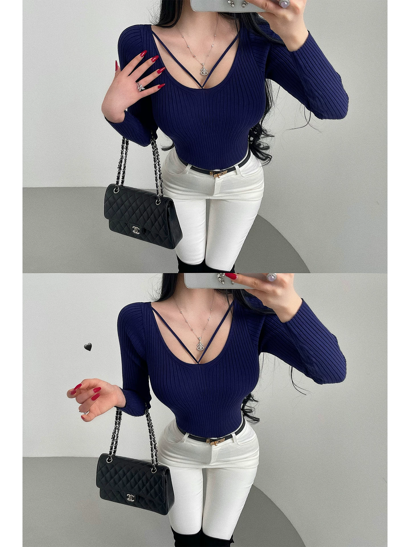 YoungGirlDay Pure Desire Style Phong cách gợi cảm cổ chữ U buộc dây chéo Slim Fit Áo dệt kim dài tay