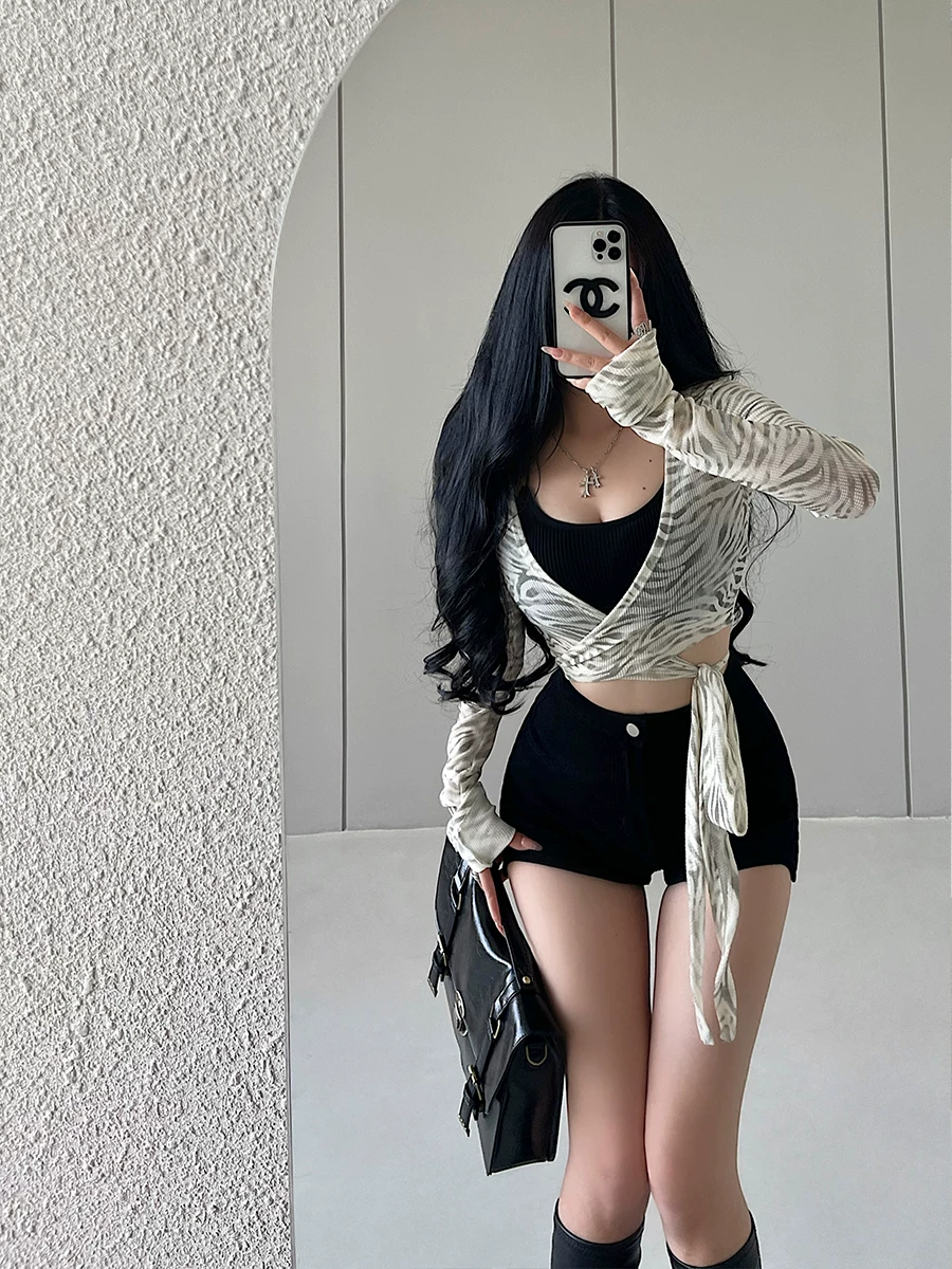 YoungGirlDay Áo cardigan dài tay in họa tiết ngựa vằn gợi cảm, dáng ôm vừa vặn, có dây buộc, chống nắng dành cho nữ