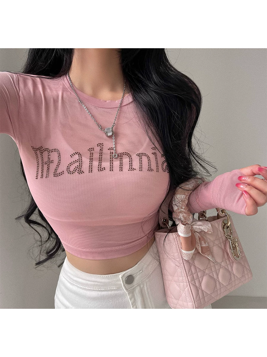 Áo thun ngắn tay dài phối lưới đính đá YoungGirlDay gợi cảm, ôm sát.