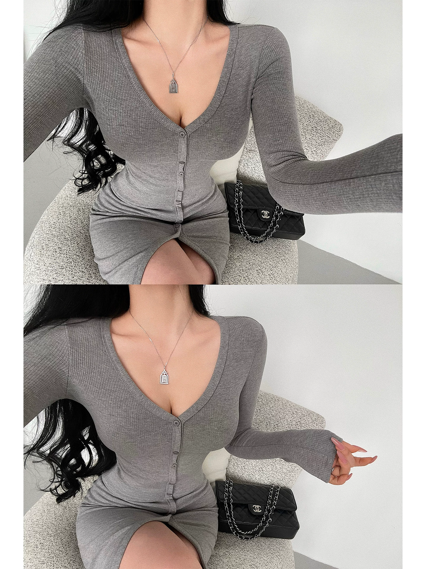 YoungGirlDay Pure Desire Phong cách nhẹ nhàng Váy midi ôm sát cổ chữ V gợi cảm tay dài một hàng khuy.