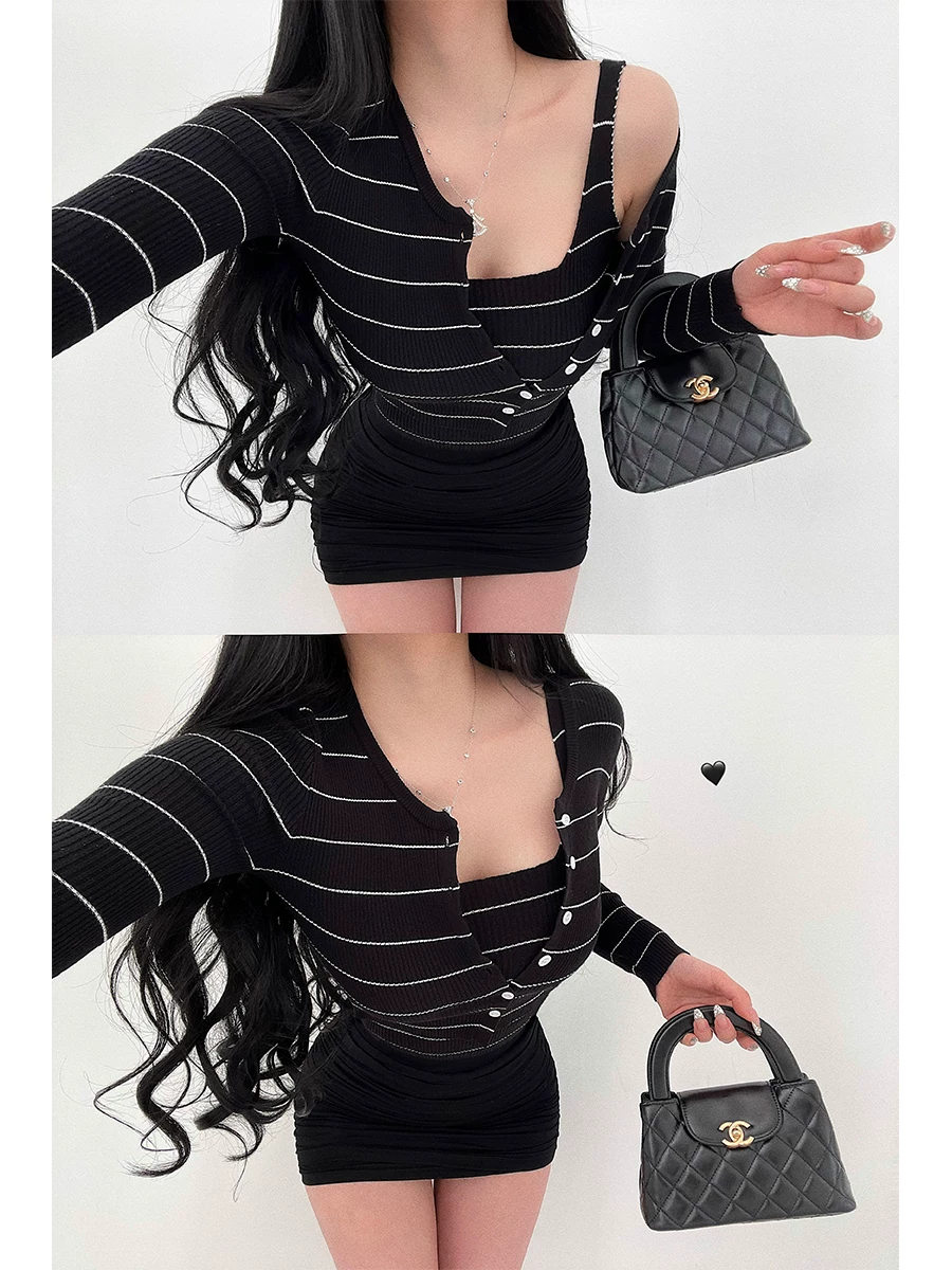 YoungGirlDay Phong cách Hàn Quốc thuần khiết gợi cảm, áo cardigan dệt kim sọc ngắn tay dài một hàng khuy và áo hai dây, bộ hai món.
