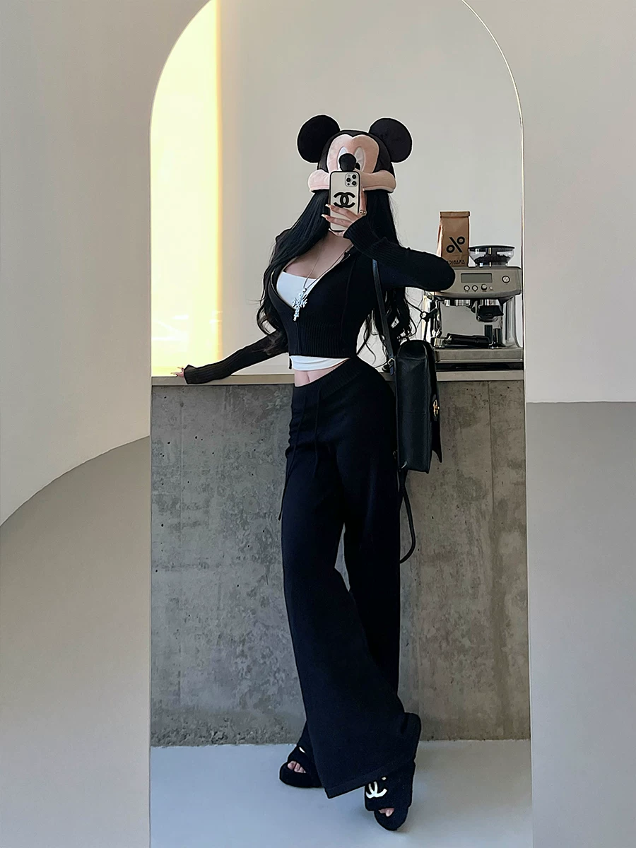 Áo khoác cardigan có mũ trùm đầu YoungGirlDay, quần ống rộng cạp cao, quần dài chạm sàn, bộ đồ dệt kim hợp thời trang