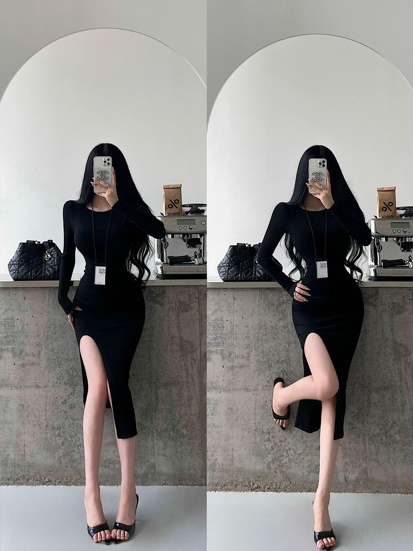 YoungGirlDay Kardashian Váy ôm sát cổ tròn gợi cảm, tay dài, có đường xẻ bên hông, váy dài vừa phải