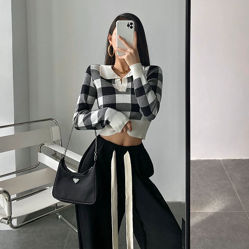 YoungGirlDay Áo len kẻ sọc cổ điển kiểu Mỹ kiểu dáng ôm sát eo ngắn, áo len dệt kim dài tay hợp thời trang