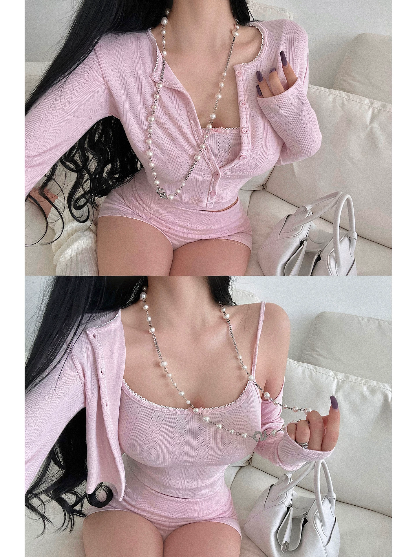 YoungGirlDay phong cách thuần khiết gợi cảm áo yếm dài tay cài cúc đơn, bộ quần short hai lớp ôm eo