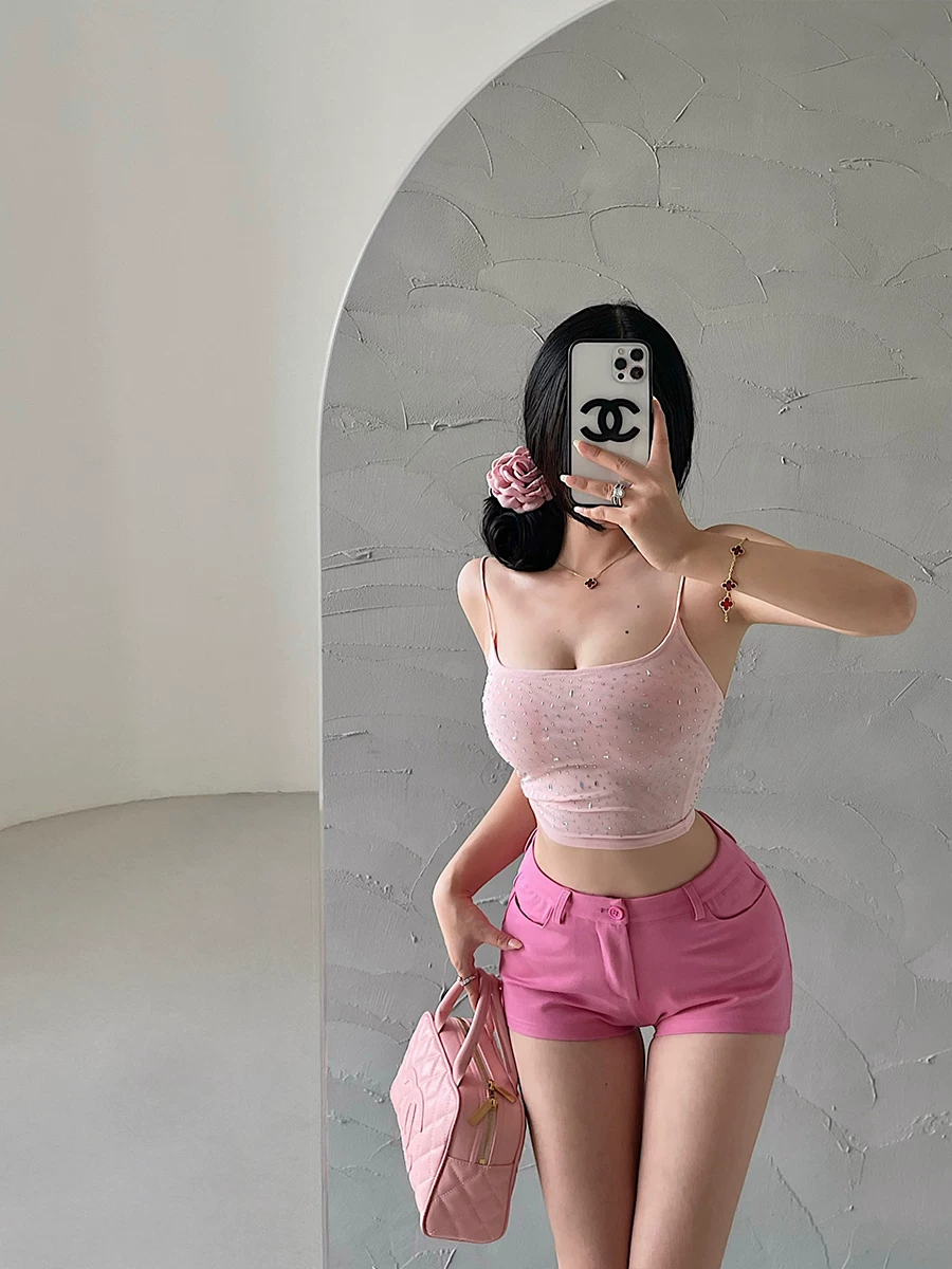 YoungGirlDay Áo crop top ngắn hai lớp lưới đính đá lấp lánh phong cách Mỹ gợi cảm hot girl hợp thời trang