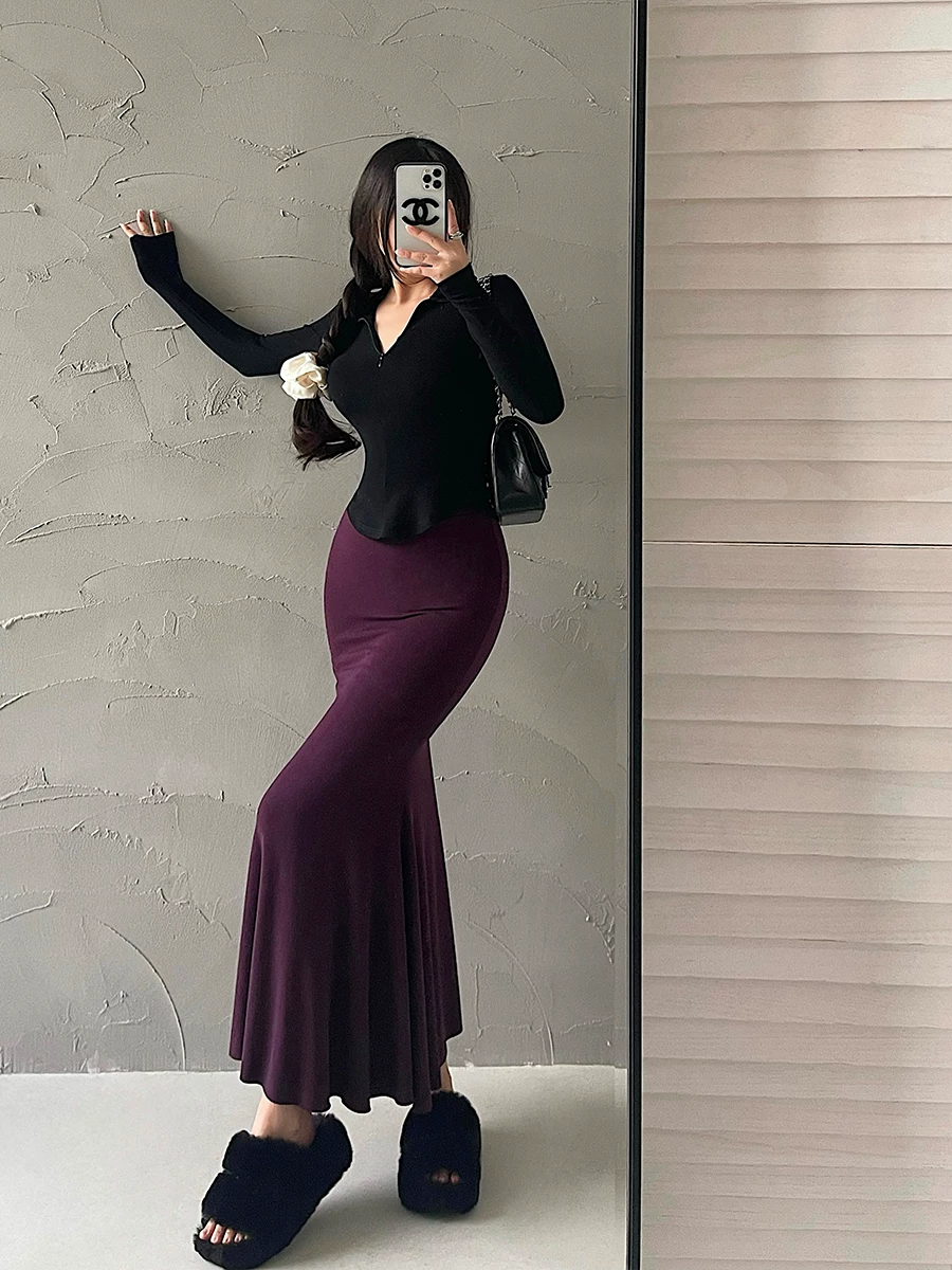 YoungGirlDay phong cách thuần khiết gợi cảm, eo cao, ôm sát, màu trơn, co giãn, váy đuôi cá, váy dài
