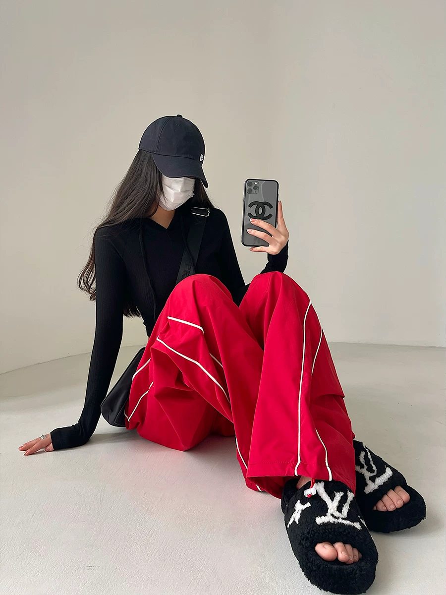 YoungGirlDay Phong cách châu Âu và Mỹ phong cách đường phố cạp cao dáng rộng dây rút giảm béo quần thể thao đa năng quần dài