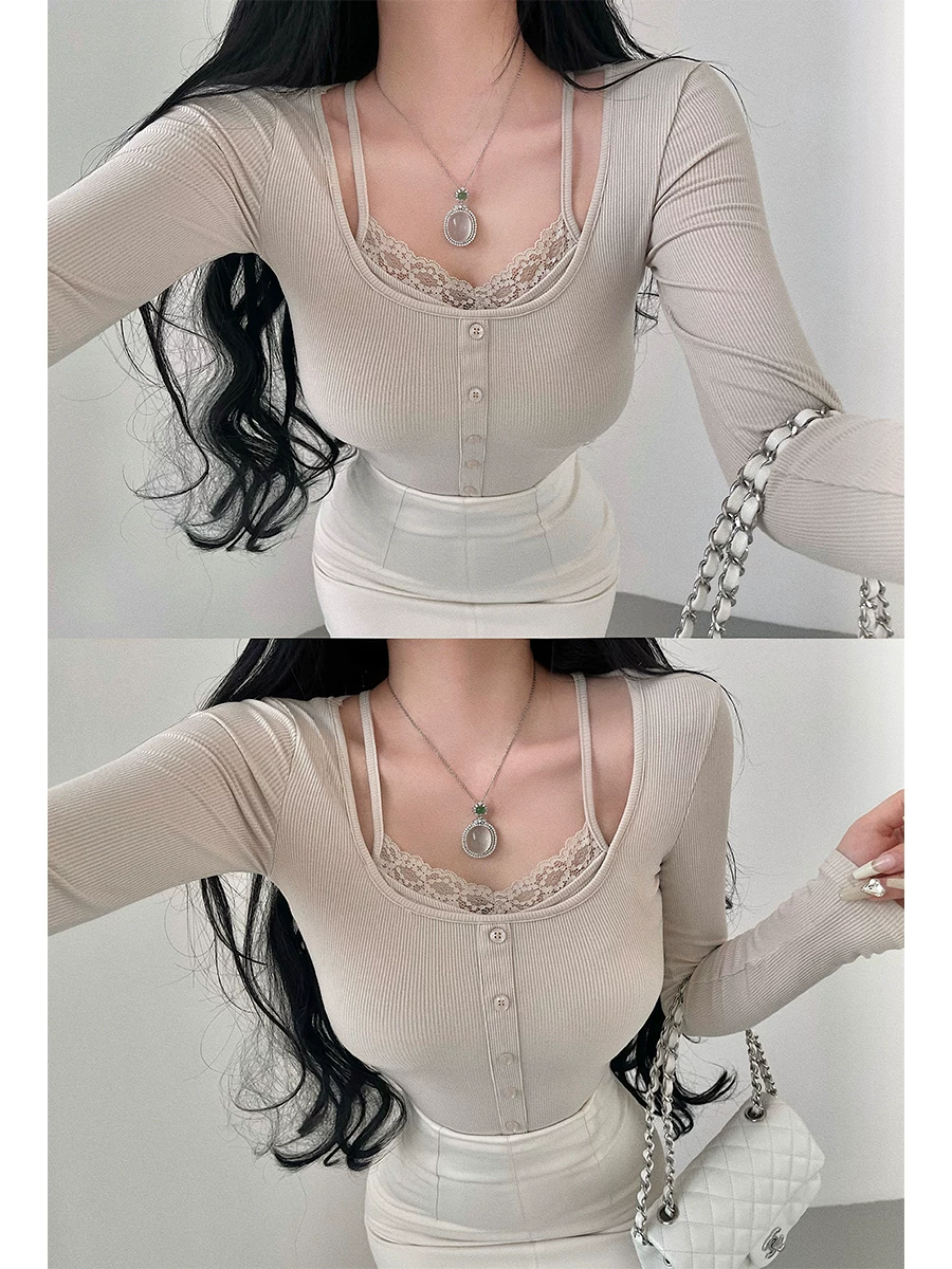 YoungGirlDay Pure Desire Sweet Girl Slim Fit Giả hai mảnh viền ren dài tay áo lớp lót áo thun hàng đầu