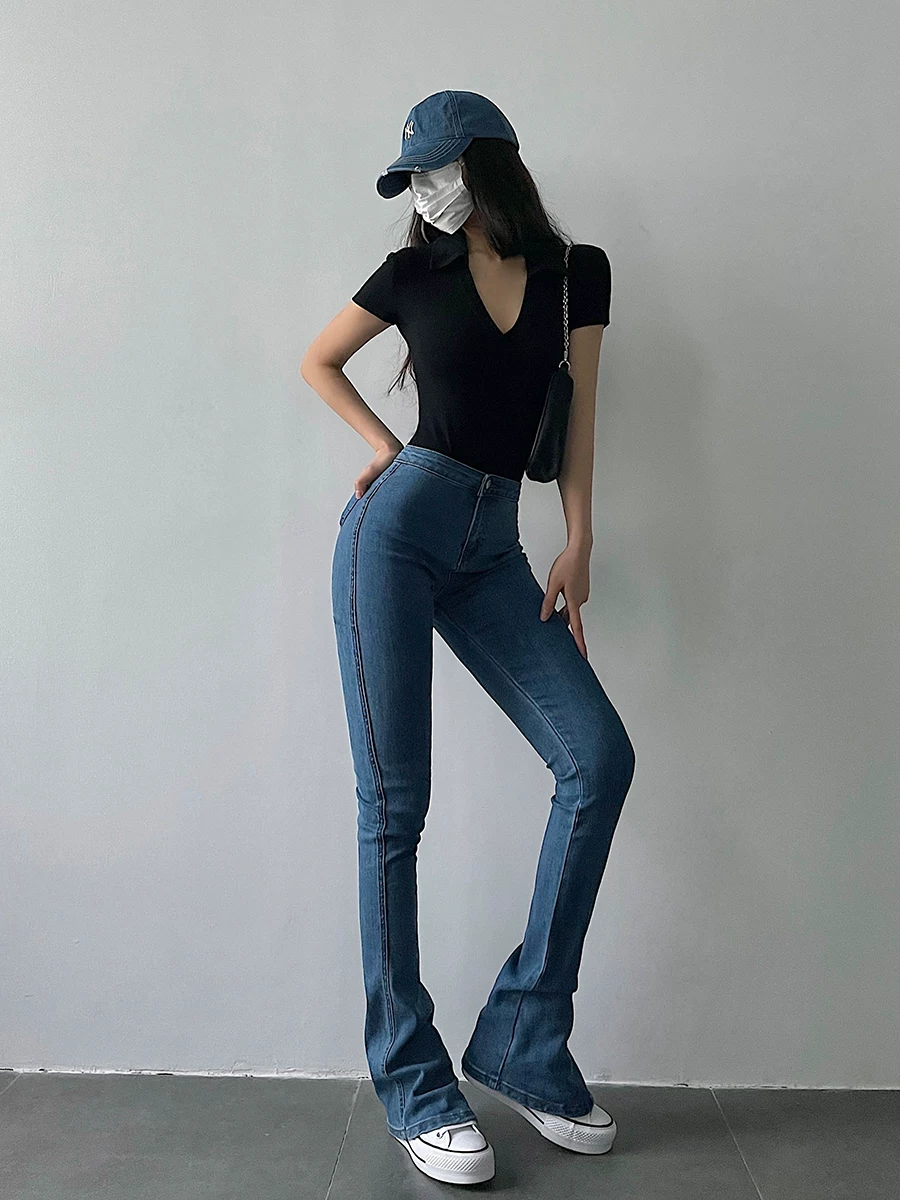 Quần jeans ống loe cạp cao kiểu Âu Mỹ YoungGirlDay, ôm dáng, tôn chân dài, dài đến gót chân.