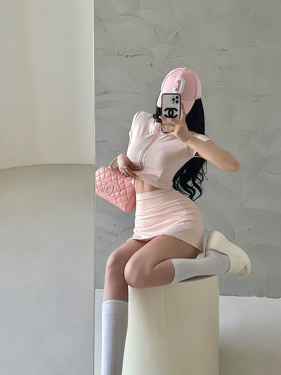 Áo ngắn tay có khóa kéo YoungGirlDay, váy ôm sát cạp cao chống lộ, bộ đồ thể thao thường ngày, hợp thời trang