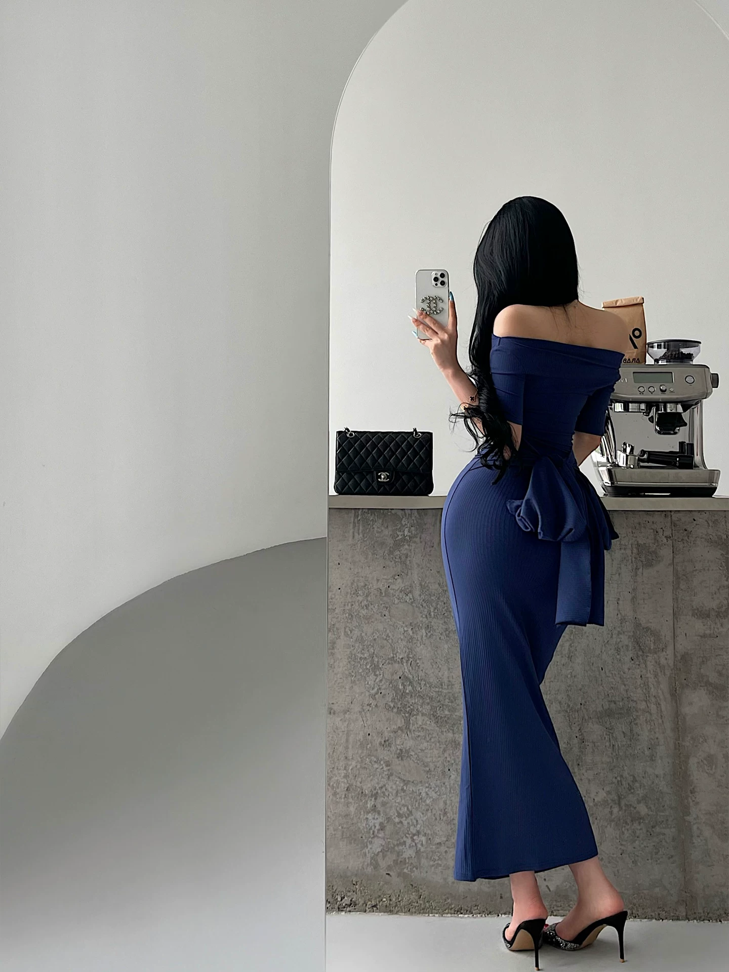 YoungGirlDay pure Desire gợi cảm, trễ vai, thắt eo, giảm béo, tay áo dài vừa phải, đầm bodycon dài