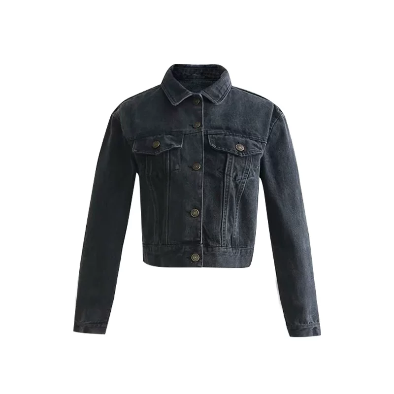Áo khoác denim ngắn kiểu dáng ôm sát, màu xám khói, phong cách retro Âu Mỹ, đã qua xử lý làm cũ và tạo hiệu ứng xước của YoungGirlDay